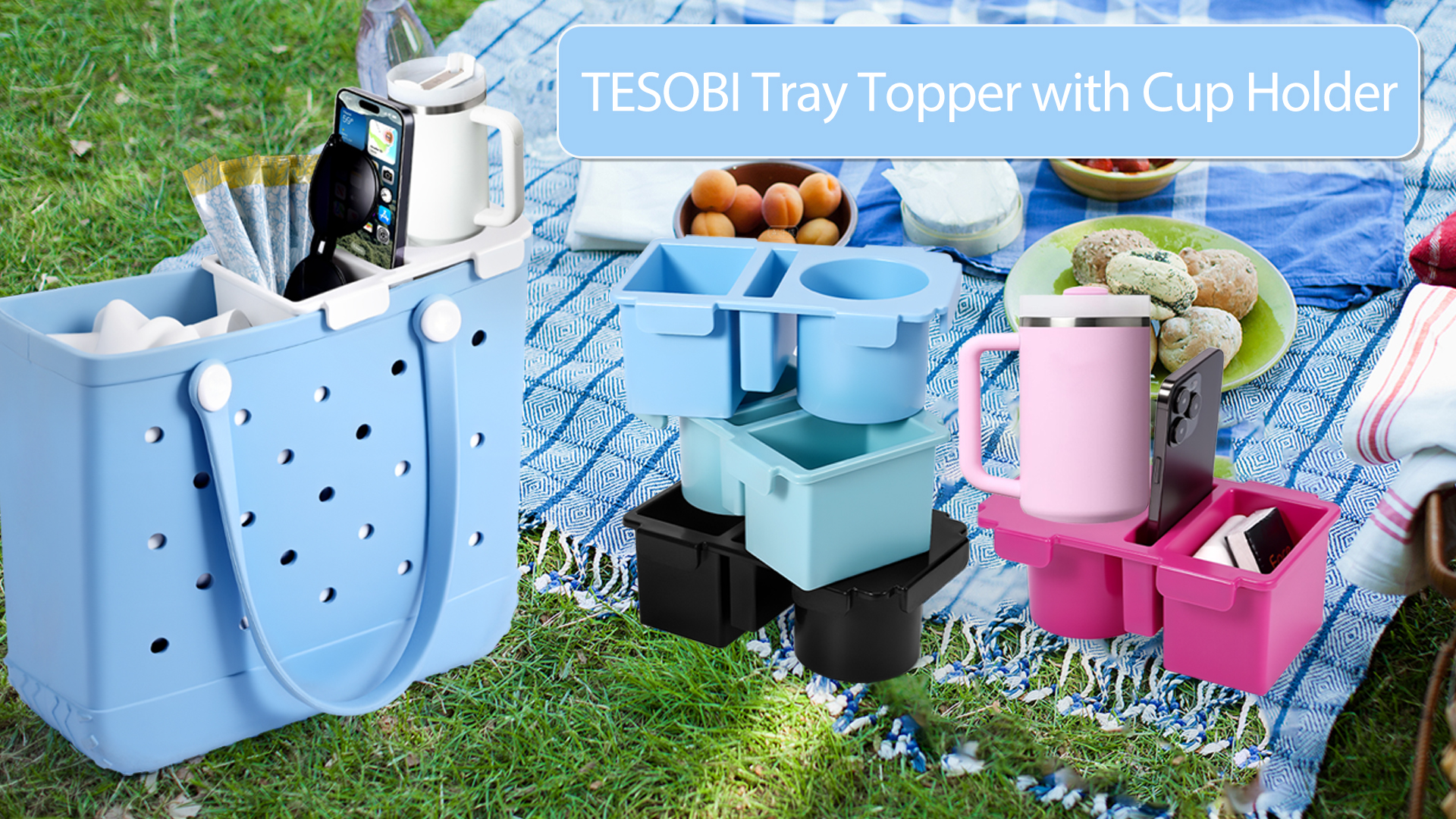 thumbnail video image 2 of Tray Topper with Cup Holder for Bogg Bag Medium Tote - Phone Holder & Drink Holder Fits for Stanley 40oz - Beach Bag Top Organizer Storage Lid (Pink), 2 of 6