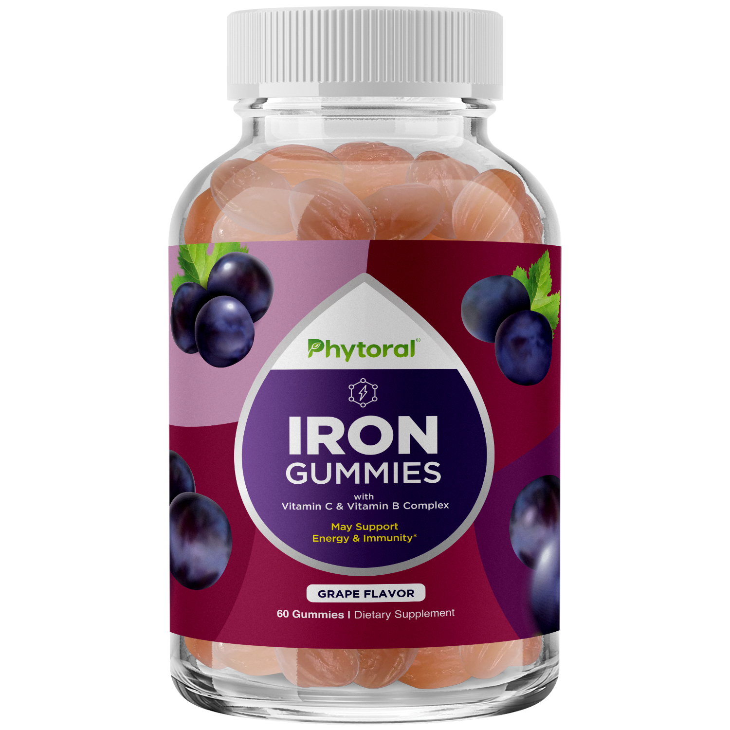 thumbnail video image 2 of Phytoral Natural Multivitamin Iron Gummies with Vitamin C and B-Complex for Adults, Grape, 60 Count, 2 of 12