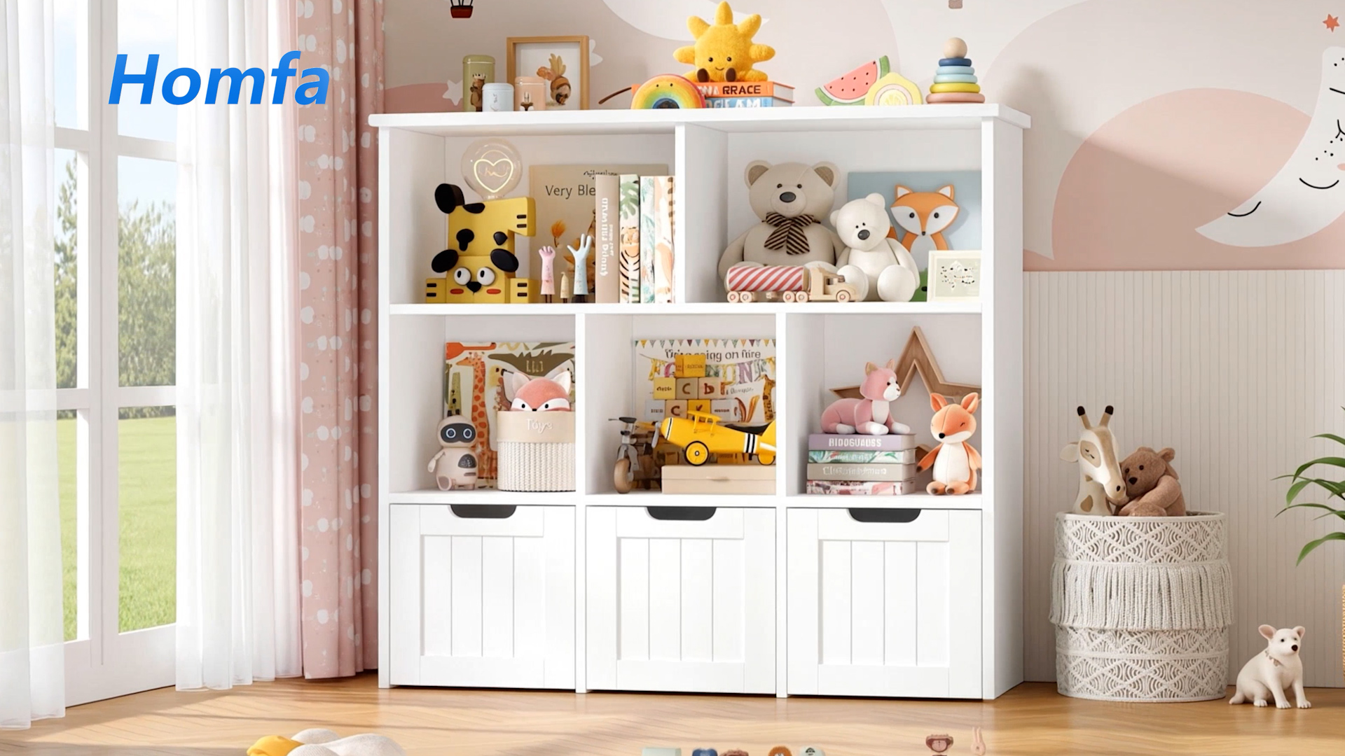 thumbnail video image 2 of Homfa Toy Storage Organizer with 3 Movable Drawers, 5 Cube Kids Bookcase for Playroom, Storage Cabinet for Living Room, White Finish, 2 of 8