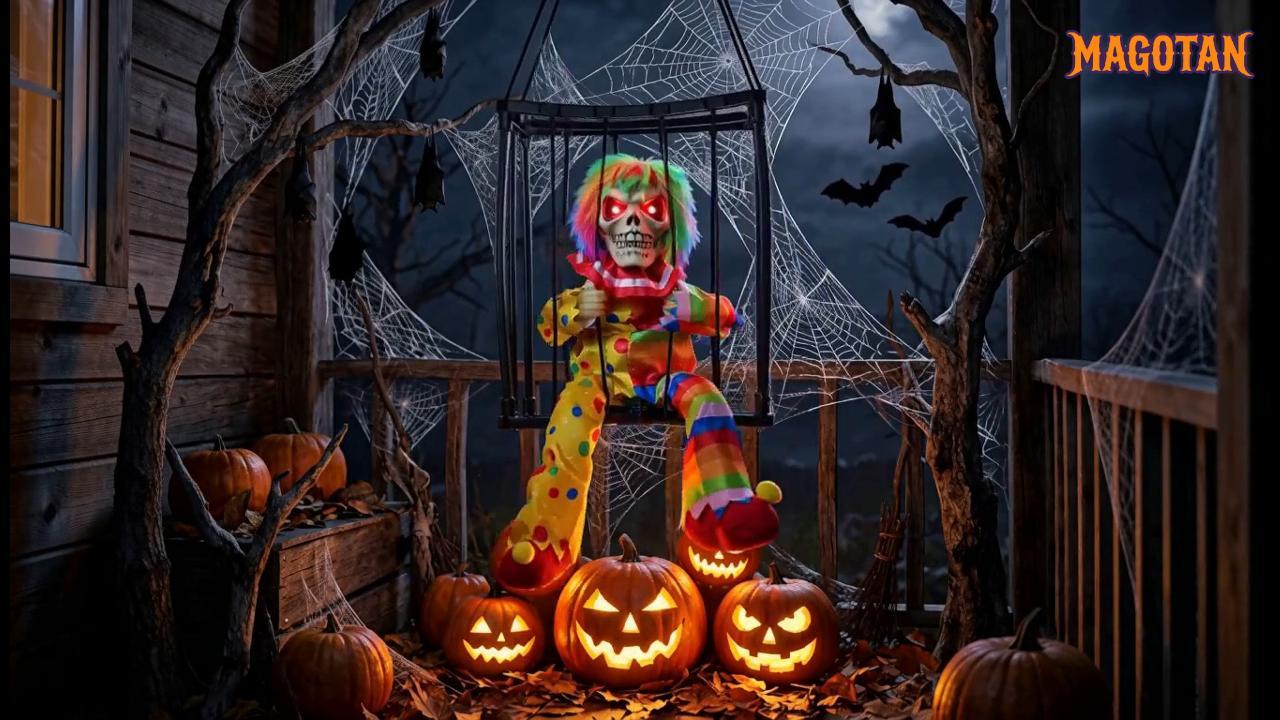 thumbnail video image 2 of Magotan Screaming Animated Halloween Decorations, Outdoor Indoor Hanging Spooky Halloween Decoration, Scary Skull Cage with Motion Sensor, 2 of 8