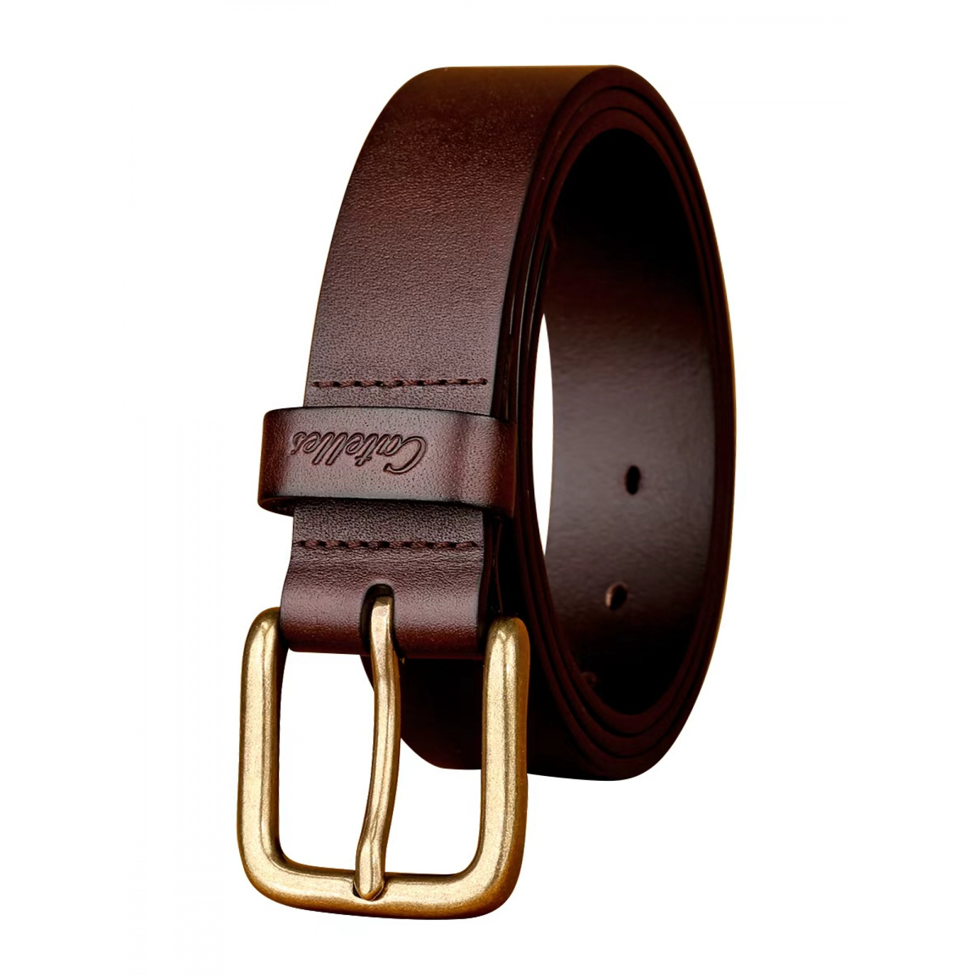 thumbnail video image 2 of Catelles Men's Brown Top-grain Leather Belt, Vintage Copper Buckle, Gift Box Packaging, Sporty and Casual Versatile & For waist 46 Width 1.38 in (3.5 cm), 2 of 11