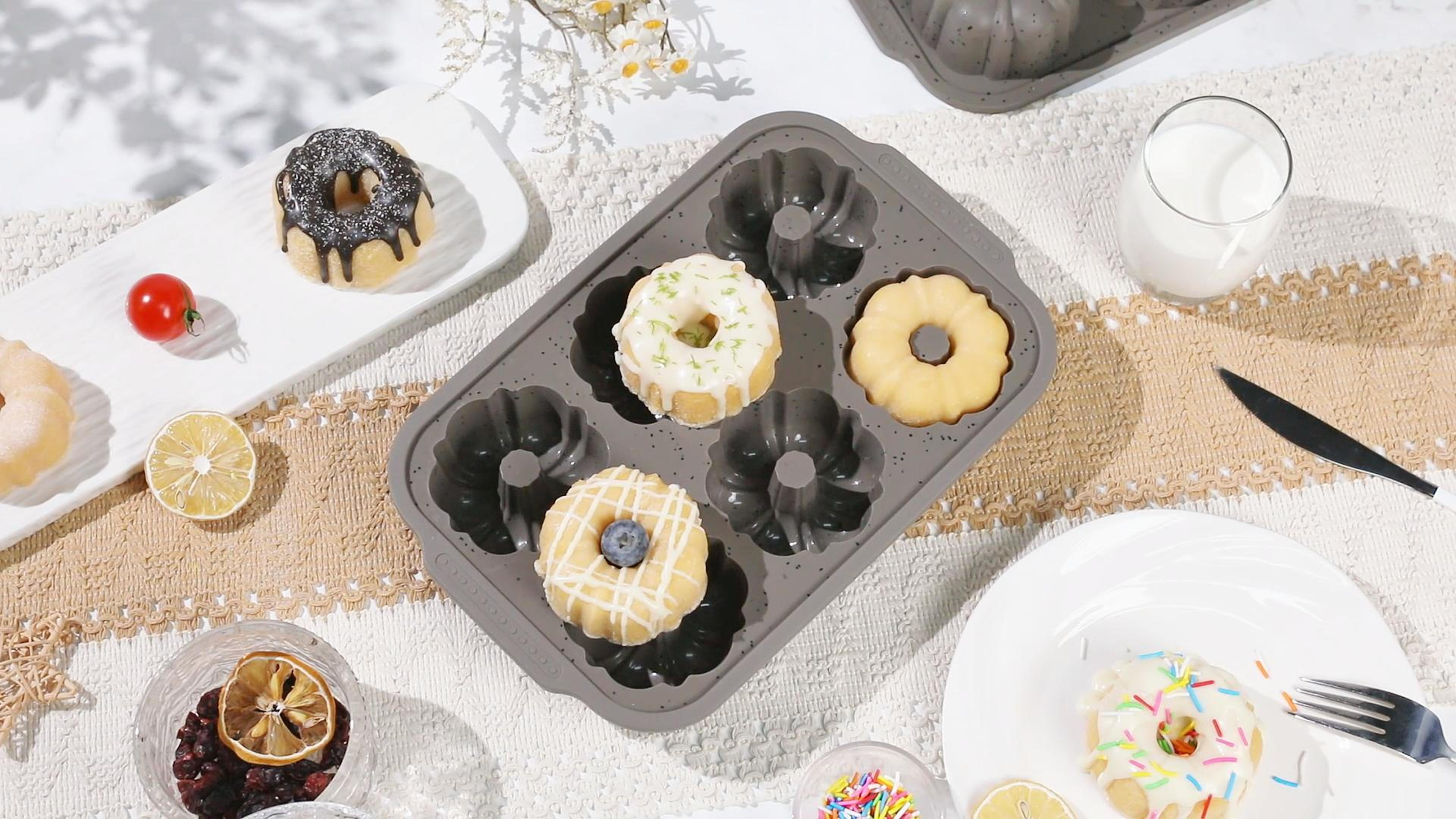 thumbnail video image 2 of CAKETIME Mini Fluted Tube Pan with Metal Reinforced Frame, 6-Cavity Silicone Nonstick Small Cake Molds 2Pcs for Chocoflan, Jellies, 2 of 10