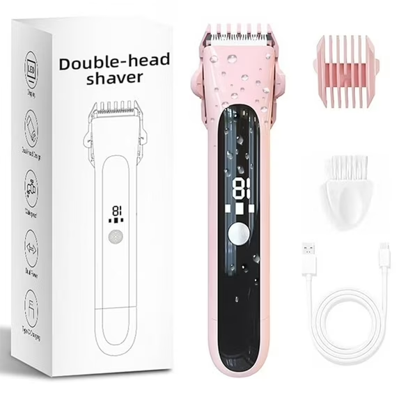 thumbnail video image 2 of LC-dolida 2-in-1 Bikini Trimmer, Dual Head Electric Shaver with LED Display IPX7 Waterproof Rechargeable Dry and Wet Use for Body Pubic Hair Body Leg Face, Pink, 2 of 8