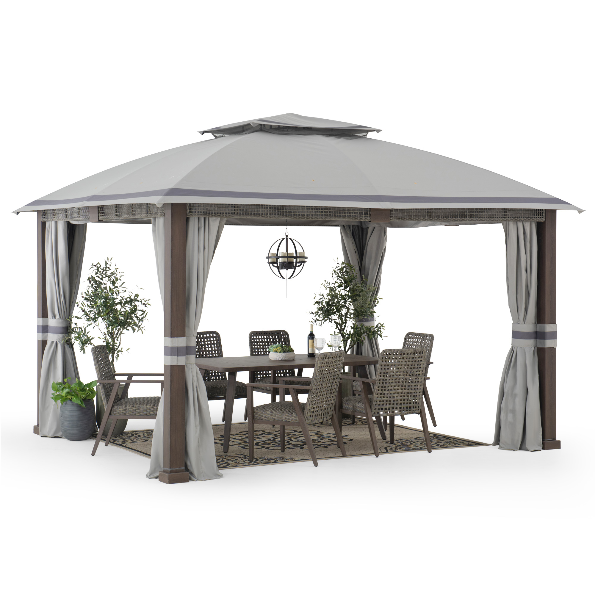 thumbnail video image 2 of Sunjoy 11 x 13 ft. Gazebo with 2-Tier Gray Canopy Roof, Outdoor Steel Frame Soft Top Gazebo with Netting and Curtains, 2 of 14