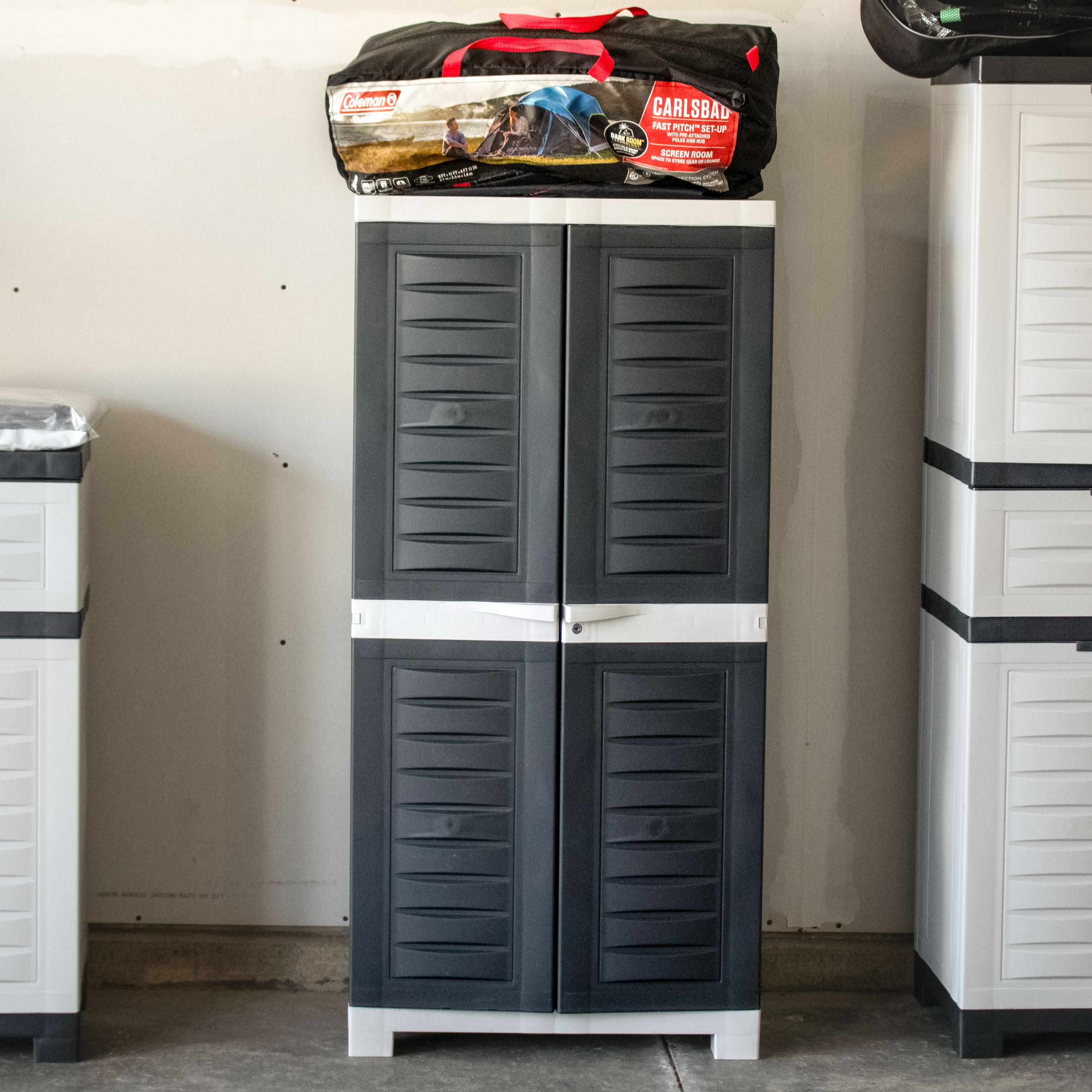 thumbnail video image 2 of Sunnydaze Lockable Adjustable 48.75" Plastic 3-Shelf Freestanding Garage Storage Cabinet, Charcoal, 2 of 9