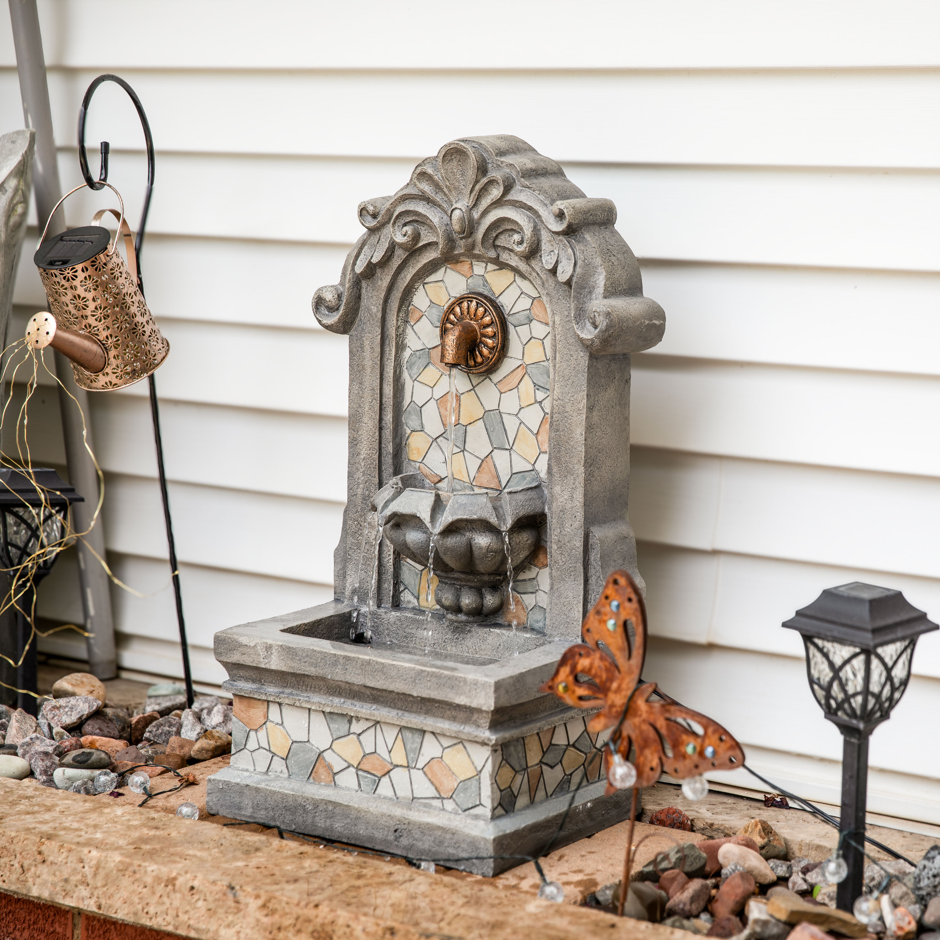 thumbnail video image 2 of Sunnydaze Enchanting Estate Polyresin Outdoor Wall Water Fountain with Lights, 2 of 9