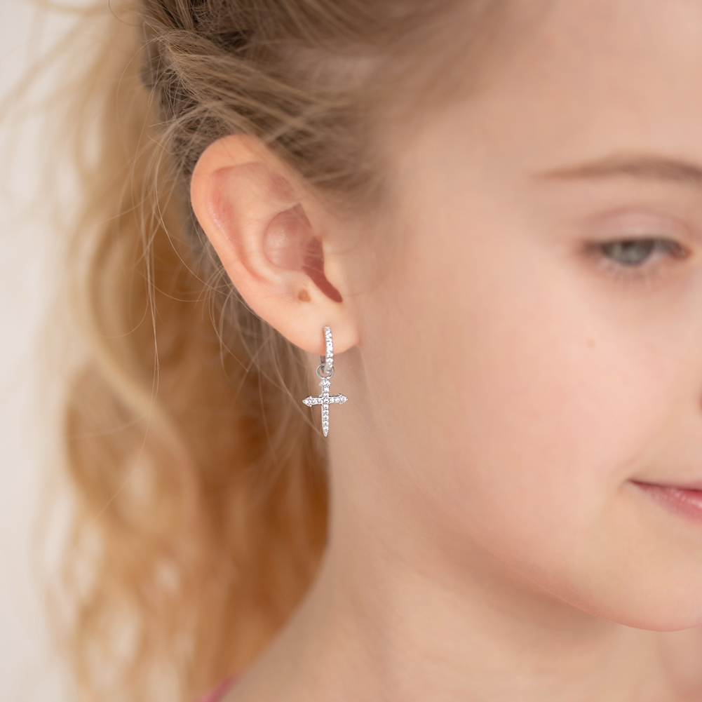 thumbnail video image 2 of 925 Sterling Silver Shiny Clear CZ Cross Hoop Dangle Earrings for Teens, 2 of 6