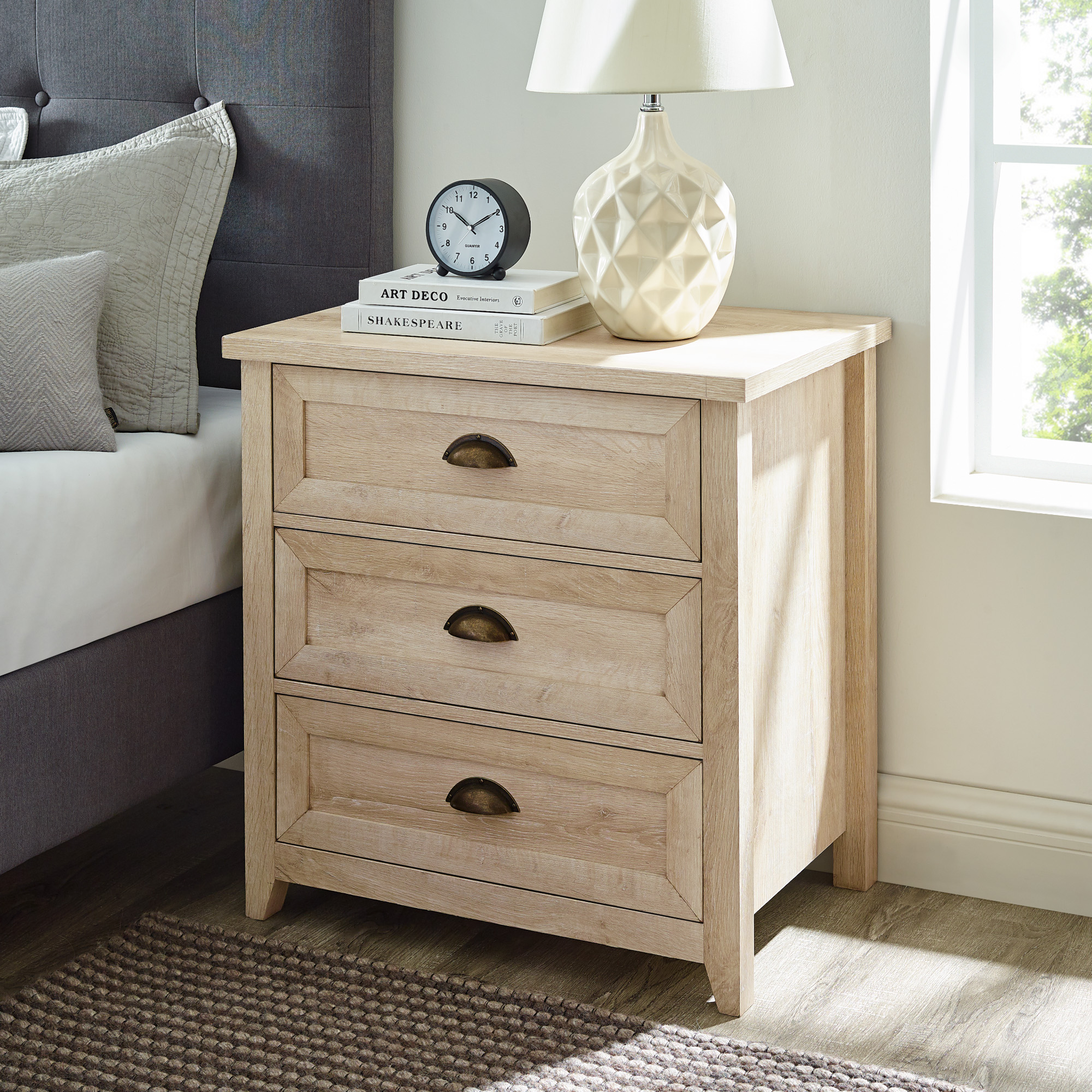 thumbnail video image 2 of Walker Edison Farmhouse 3 Drawer Nightstand, White Oak, 2 of 15