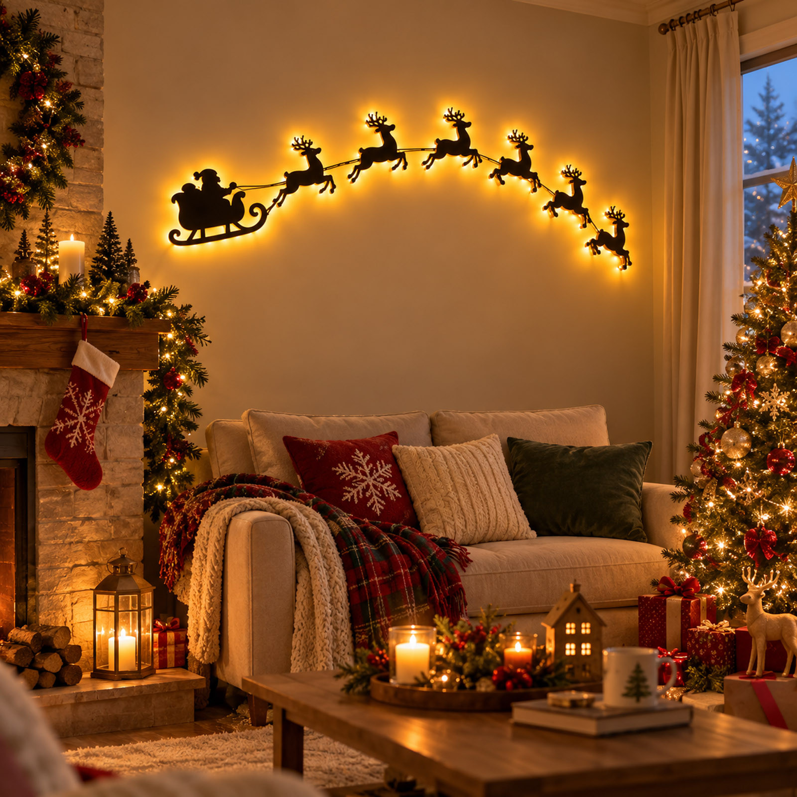 thumbnail video image 2 of Christmas Reindeer Press On Illuminated Wooden Wall Decor Light Set, Santa Sleigh & Forest Village Silhouette With Remote Control, 59.1in & 35.43in Christmas Wall Hanging Ornament for Home Decor, 2 of 10