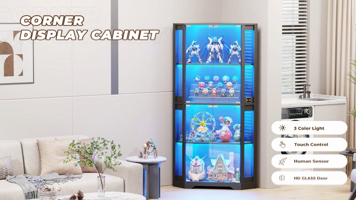 thumbnail video image 2 of BROTTAR 65" Lighted Corner Display Cabinet with Glass Doors, 4-Tier Hexagon Curio Cabinet for Living room, Entryway, Black, 2 of 9