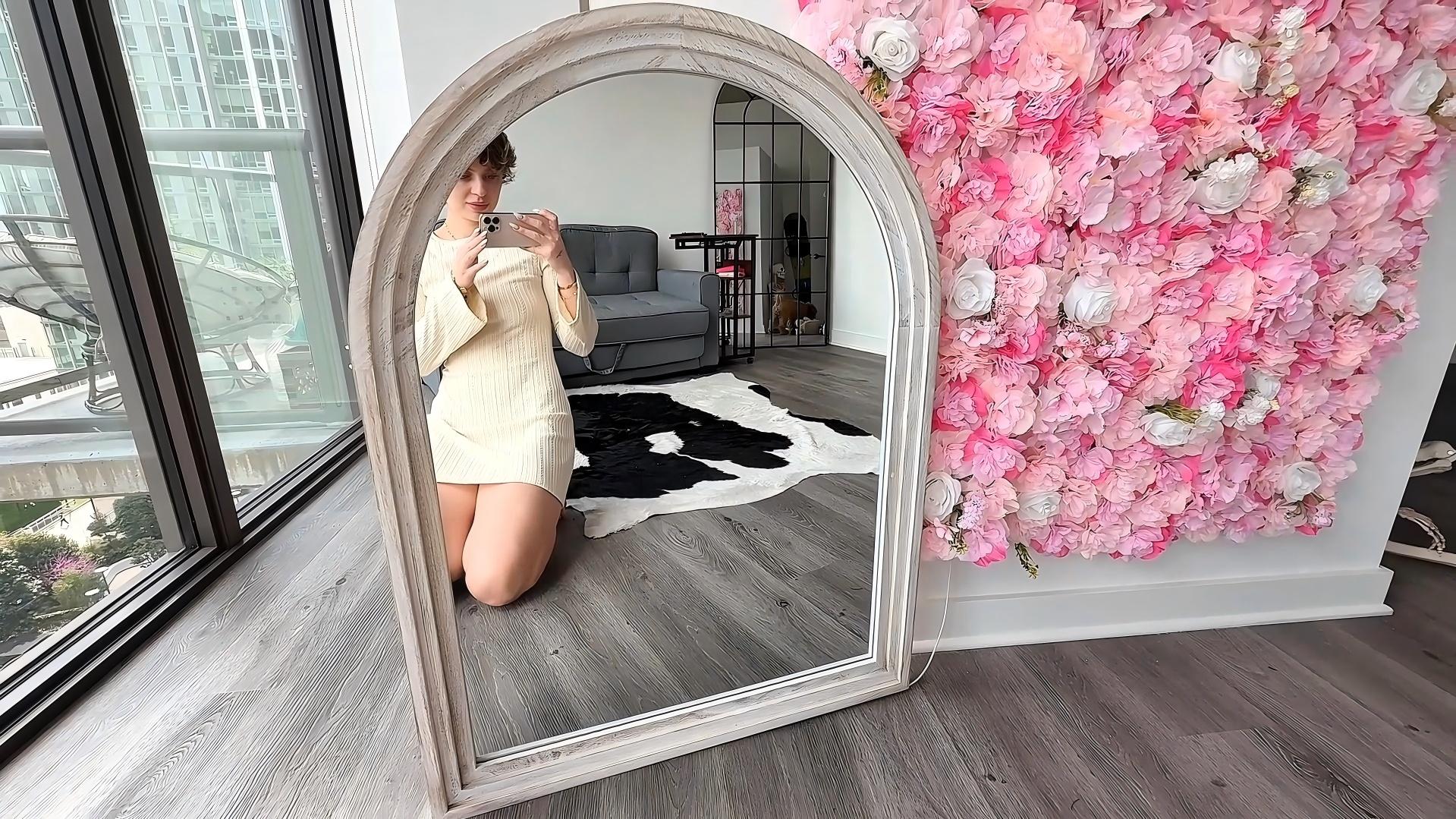 thumbnail video image 2 of BEAUTYPEAK 36"x 24" Arched Bathroom Mirror Wall Mirror Wooden Frame,Brown, 2 of 9