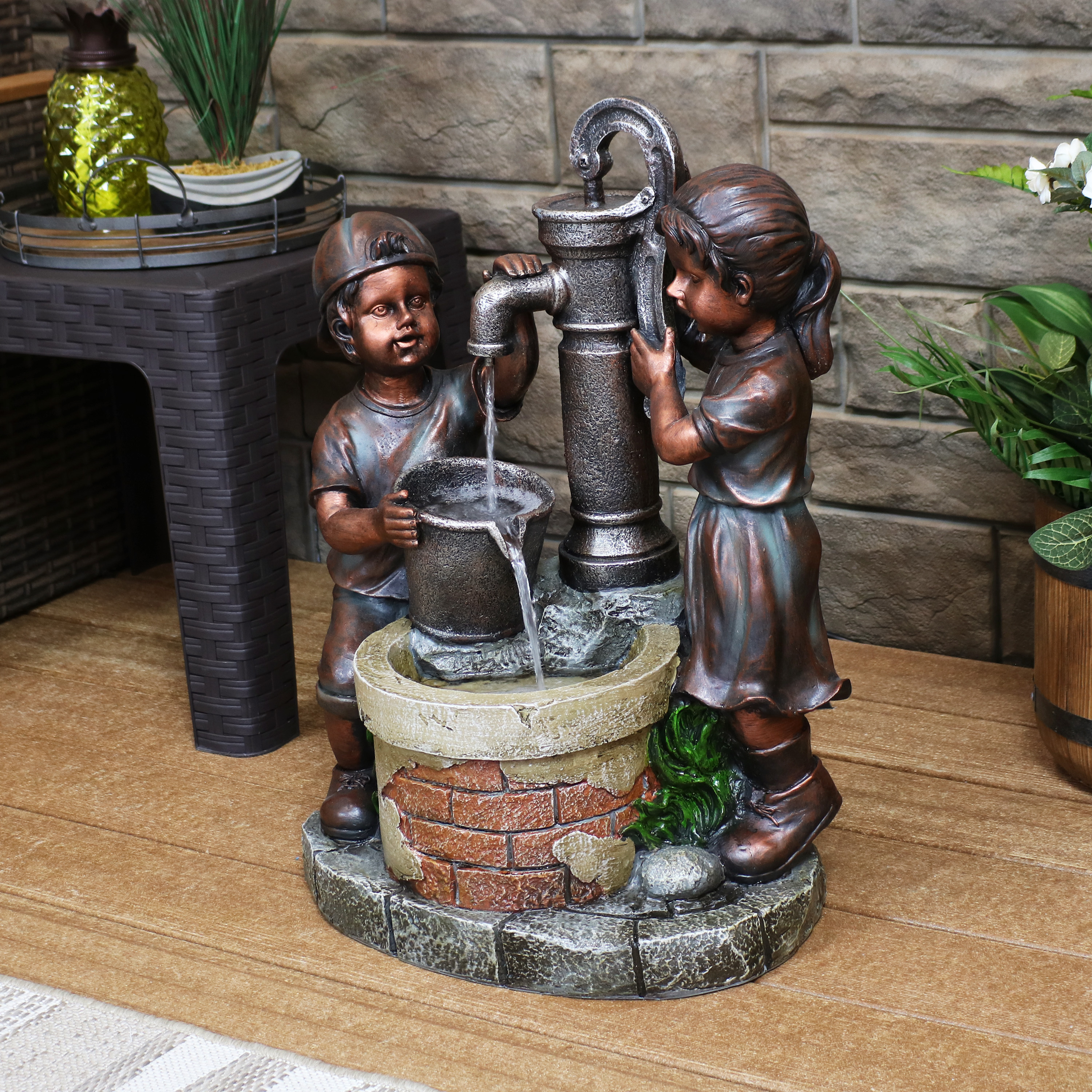 thumbnail video image 2 of Sunnydaze Jack and Jill at Farmhouse Pump Polyresin Outdoor Water Fountain, 2 of 13