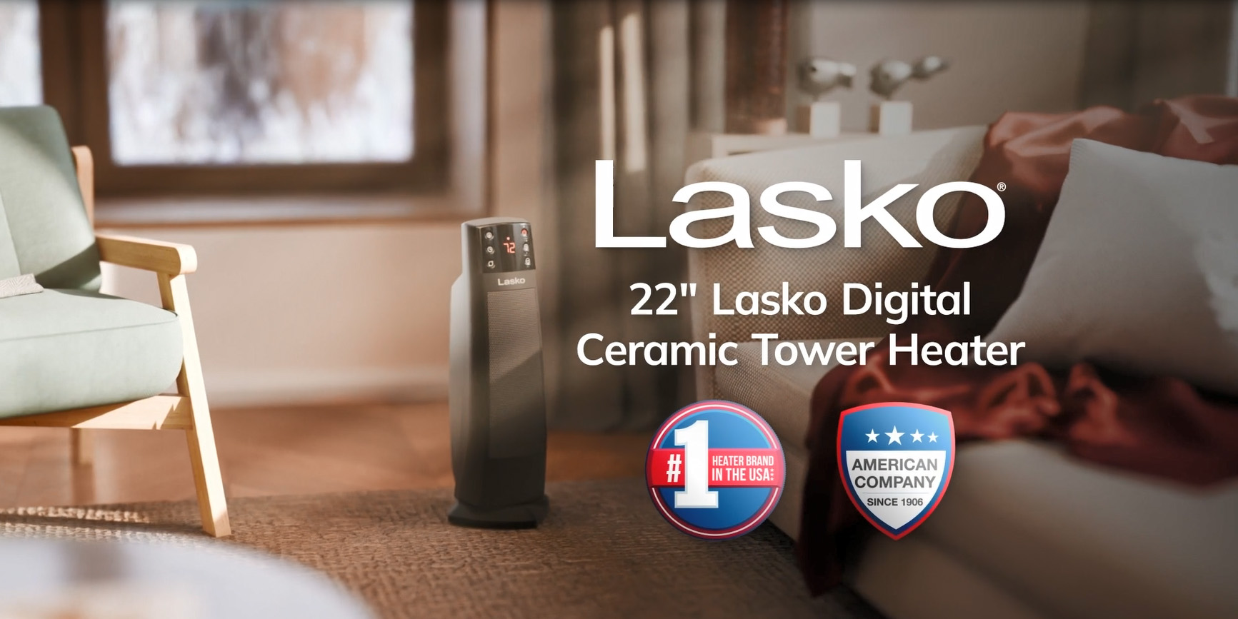 thumbnail video image 3 of Lasko 22” Oscillating Electric Ceramic Tower Space Heater, Tip-Switch, Remote, Black, CT22850, 3 of 15