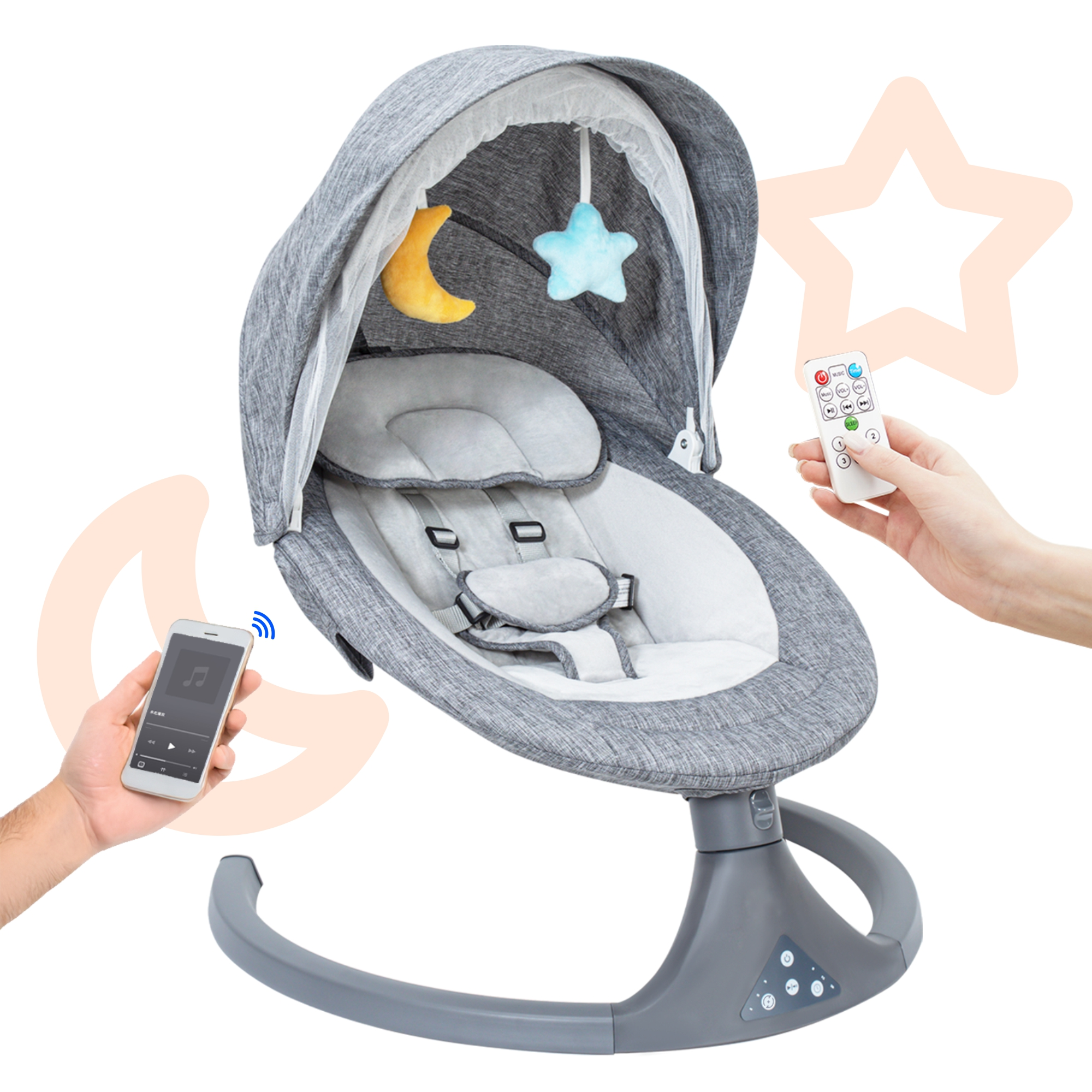 thumbnail video image 2 of Aprpink 5 in 1 Large Baby Swing Bouncer with Rocking, Mosquito Net&Cute Toys Gray Striped for Toddler, 1 Count, 2 of 11