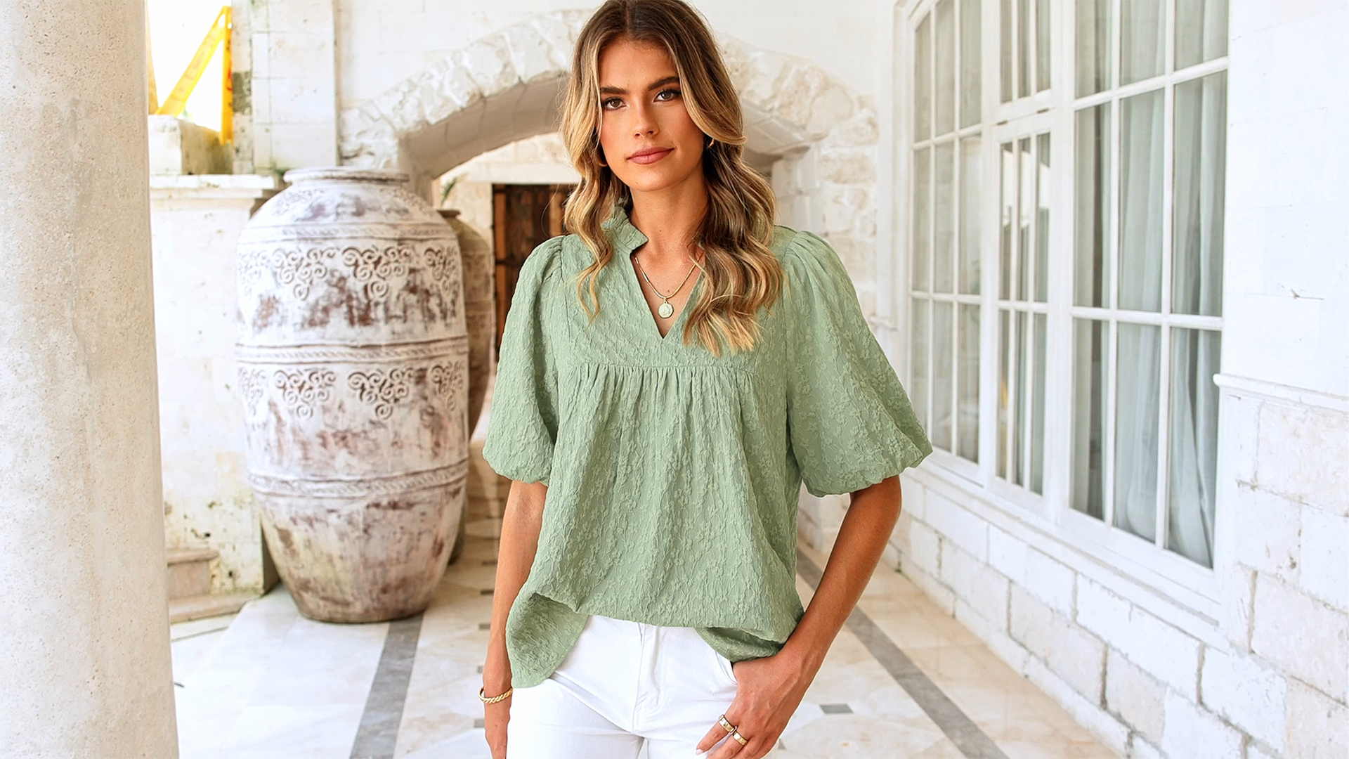 thumbnail video image 2 of PRETTYGARDEN Womens Summer Tops Ruffle V Neck Blouses Loose Puff Short Sleeve Jacquard Babydoll Tops Casual Dressy T-Shirts, 2 of 9