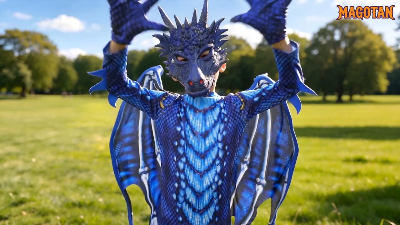 thumbnail video image 2 of Magotan Halloween Kids Dragon Costume,Kids Halloween Dress Up,Halloween Funny Costume Cosplay Dragon Jumpsuit,Blue,XL, 2 of 8