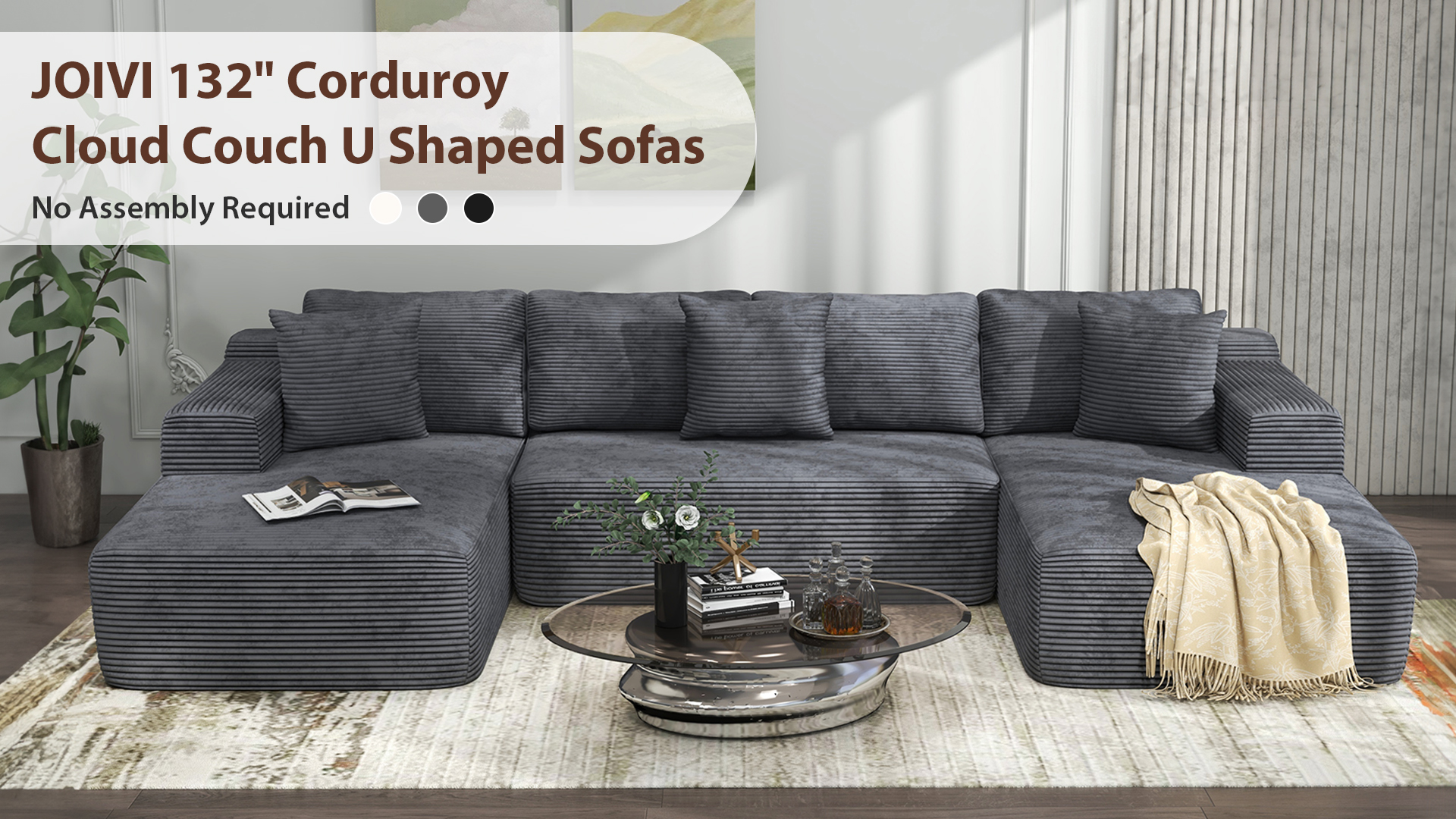 thumbnail video image 2 of JOIVI Indoor Modular Sectional Sofa, 132'' Corduroy Cloud Couch with Double Chaise, U Shaped Sofas with Deep Seat, Comfy Fluffy Plush Couches, No Assembly Required, Gray, 2 of 11