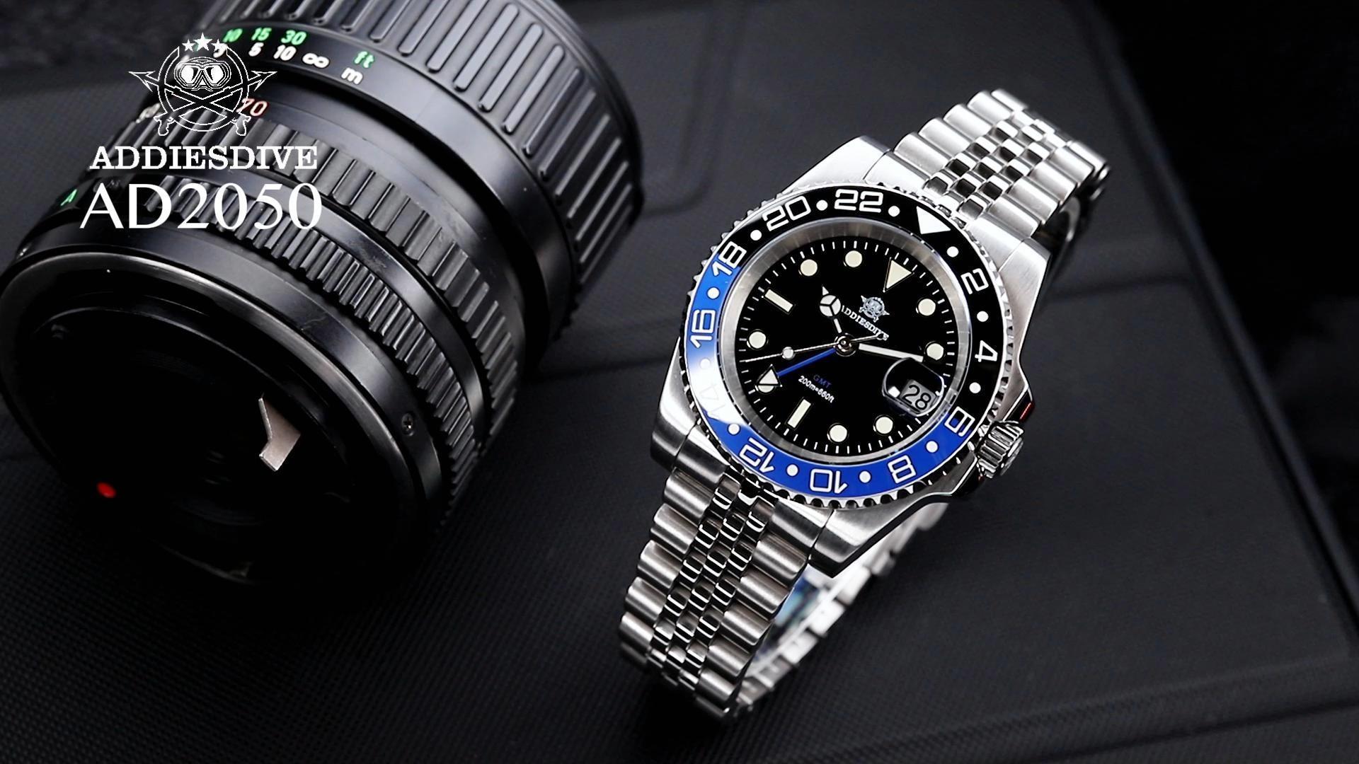 thumbnail video image 2 of ADDIESDIVE Luxury Men's Dive Watch Swiss GMT 200M Waterproof Analog Quartz Watch with Rotating Ceramic Bezel & Luminous for Diving, Travel, Business, 2 of 10