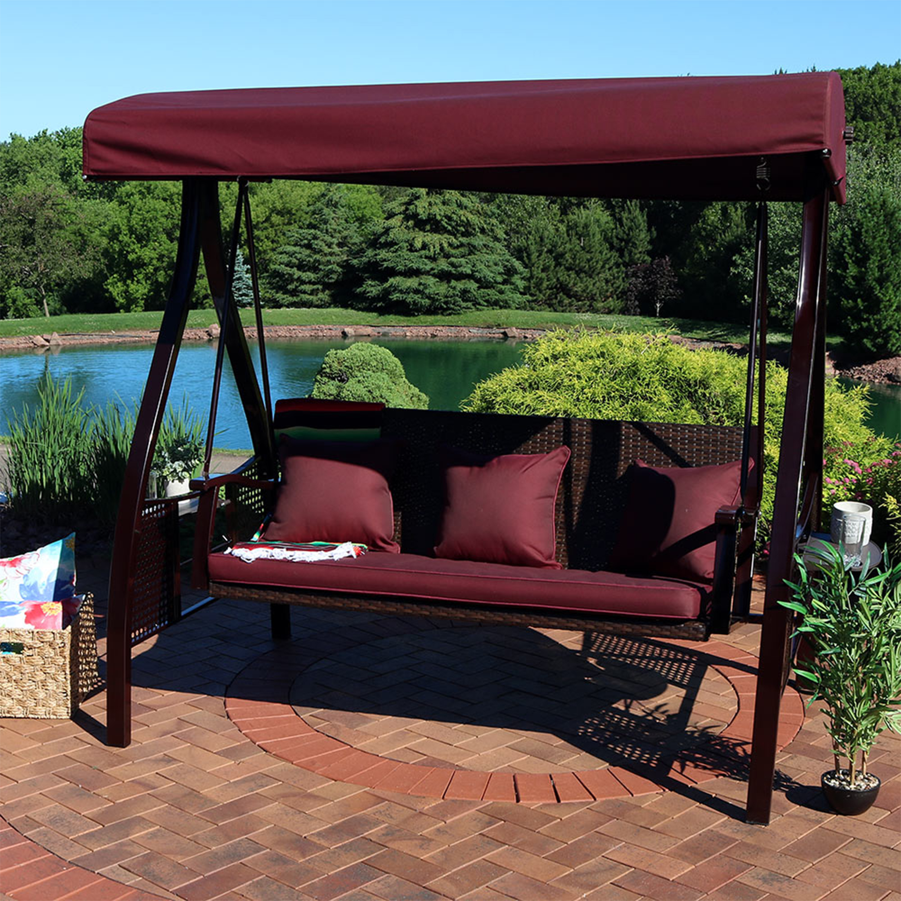 thumbnail video image 2 of Sunnydaze Steel 3-Seat Deluxe Patio Swing with Canopy and Cushions, Maroon, 2 of 10