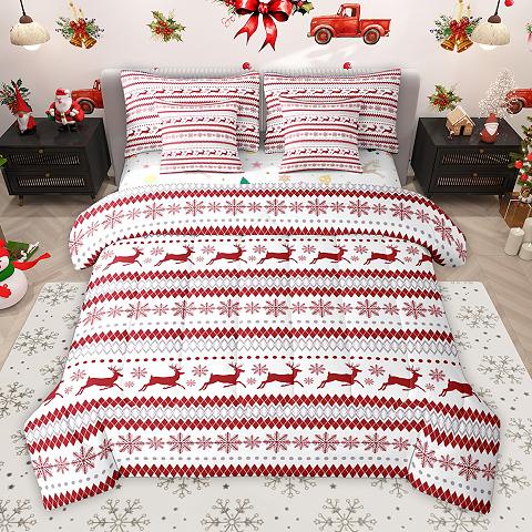 thumbnail video image 2 of Homewish Cute Christmas Reindeer 7-Piece Twin Bedding Sets,Merry Xmas Bedding Comforter Set,White Red Sheet Sets For Girls Teens,Microfiber Bedroom Decor Reversible, 2 of 9