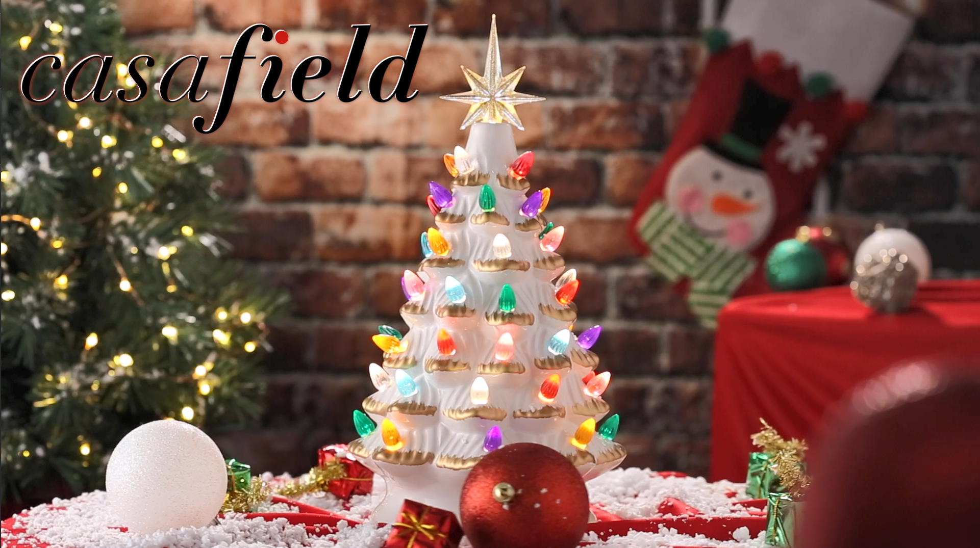 thumbnail video image 2 of 12" Hand Painted Ceramic Christmas Tree, White Pre-Lit Tree, 100 Multi-Color Lights, 2 Star Toppers, 2 of 7