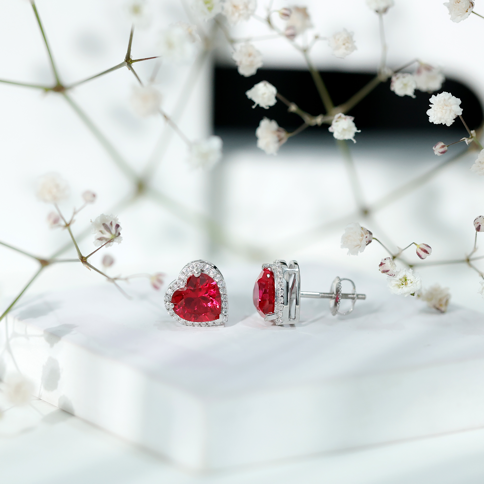 thumbnail video image 2 of Rosec Jewels Lab Grown Ruby Heart Earrings with Halo - 8 mm - 4 Carat - AAAA Quality - Ruby Studs with Moissanite - Ready to Gift, 18K White Gold, 2 of 8