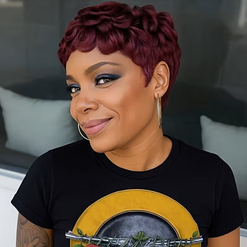 thumbnail video image 2 of Short Pixie Cut Wig Human Hair Burgundy Color Glueless Pixie Cut Wigs Layered Curly Wavy Full Machine Made Wigs With Bangs for Daily Use, 2 of 6