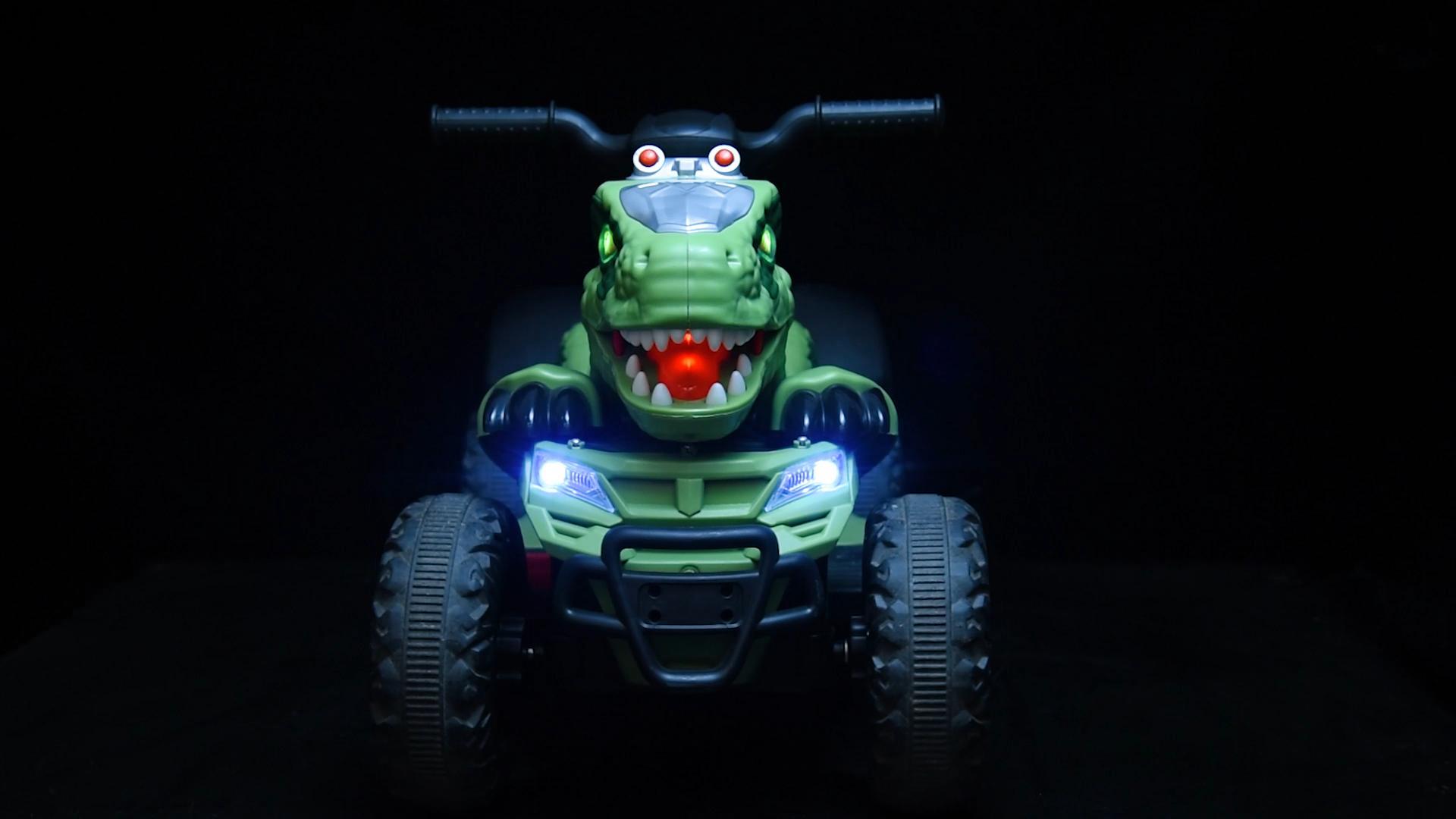 thumbnail video image 2 of JIMUPARK 12V Dinosaur Ride on ATV, Four Wheeler Electric Car for Kids, LED Lights, Bluetooth and Microphone Interface, Power Display, Safe Driving, Outdoor Toys for Boys and Girls Ages 1-6, Green, 2 of 9