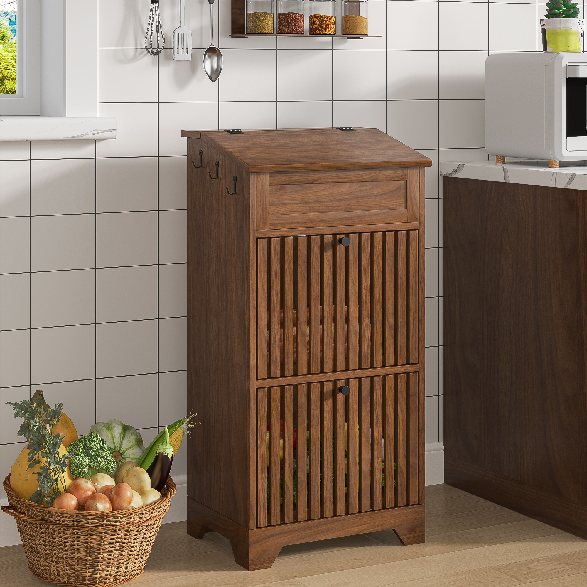 thumbnail video image 2 of Onion and Potato Storage Bin Box Kitchen Pantry Cabinet for Fruits Snacks Wooden Bread Box Walnut, 2 of 10