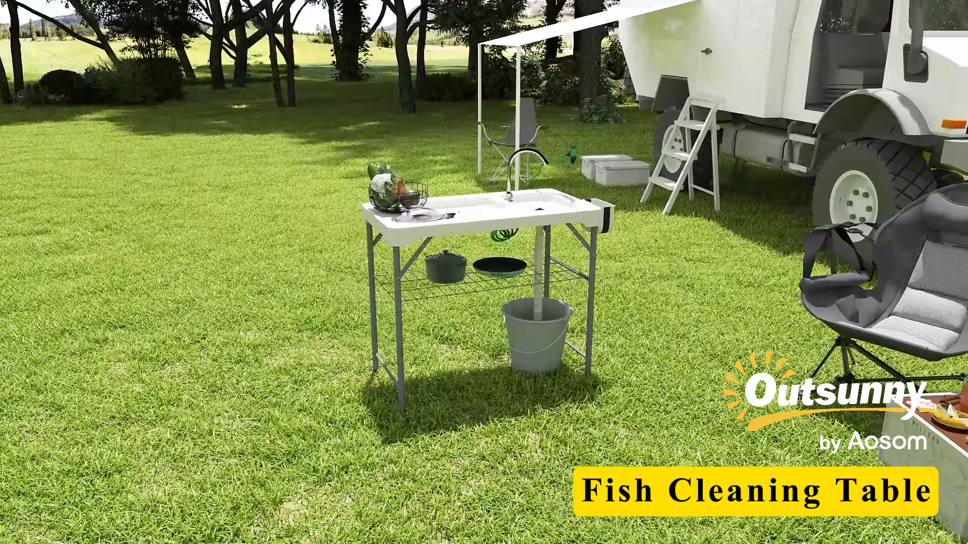 thumbnail video image 2 of Outsunny Folding Fish Cleaning Table with Sinks, Outdoor Fillet Table with Faucet, Drainage Hose, Sprayer, Shelf, Drawer and Storage Basket, White, 2 of 10