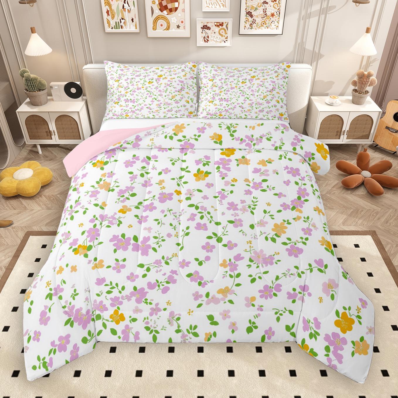 thumbnail video image 2 of Manfei Cute Cartoon Flower Bedding Comforter Set,Natural Botanical Floral Twin Comforter Sets,Green White Pink Bedding Set For Adults,Microfiber Bedroom Decor Reversible,2pcs, 2 of 9
