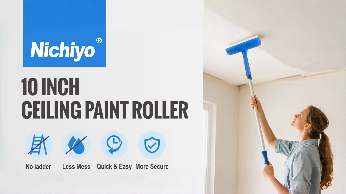 thumbnail video image 2 of Nichiyo 10 inch Ceiling Paint Roller with Splash Shield, Adjustable Handle No Drip Roller Paint Brush Splatter Guard for Painting Ceilings Walls (EL01117), 2 of 10