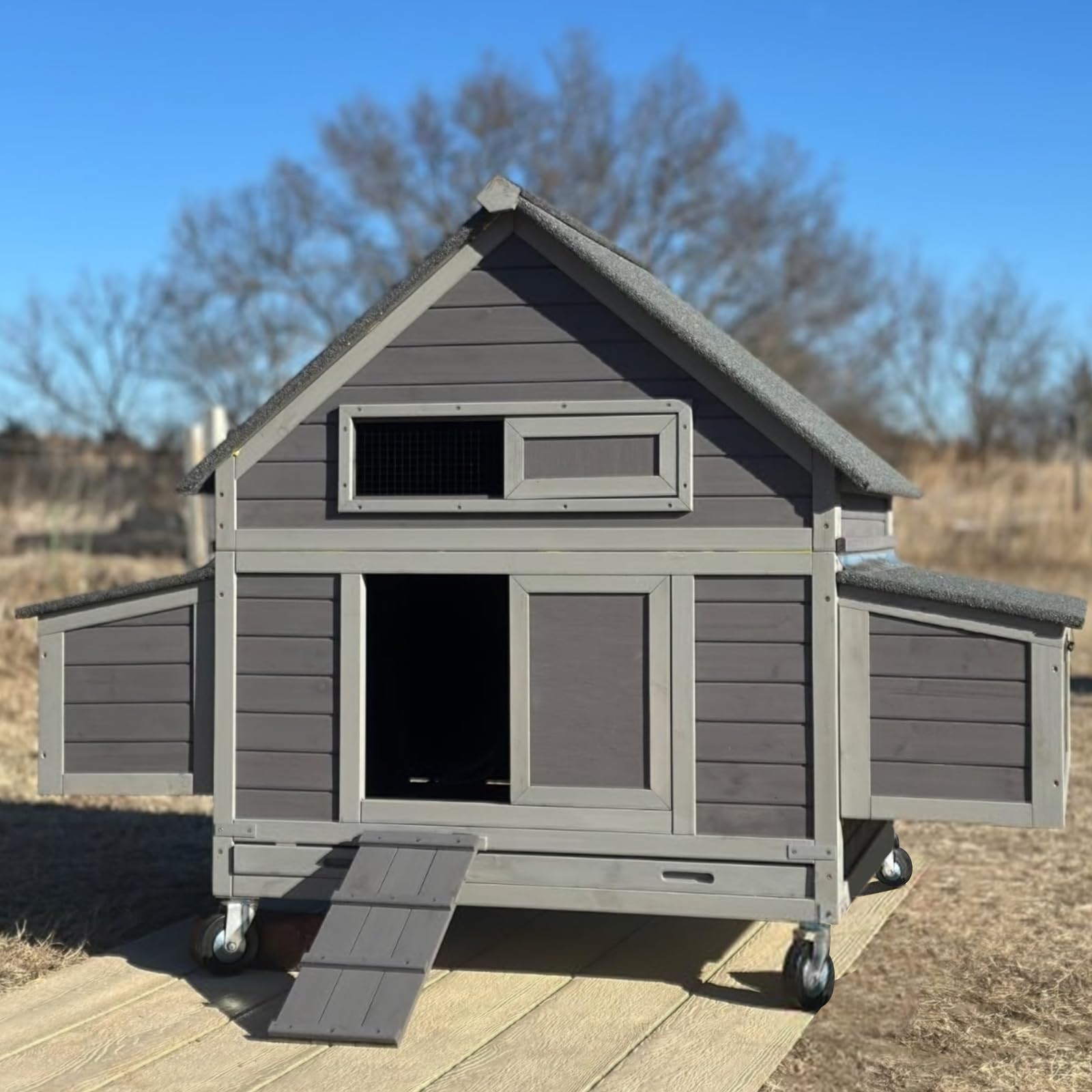 thumbnail video image 2 of Aivituvin Large Mobile Chicken Coop with Wheels, 6 Nesting Box for 4-6 Chickens, Outdoor Hen House with Weatherproof Asphalt Roof, Pull-Out Tray, 2 of 10