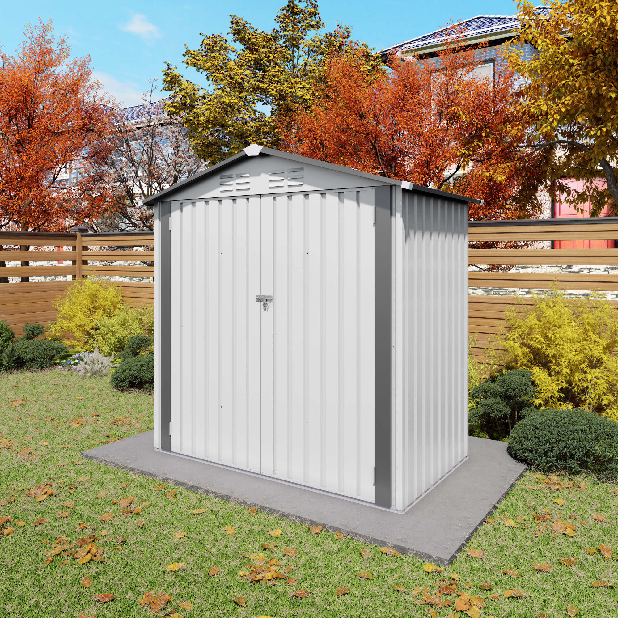 thumbnail video image 2 of 6X3.6FT Metal Storage Shed, Tool Shed with Peaked Roof Waterproof with Clear Window and Lockable Door Compact Tool Shed, White Gray, 2 of 13