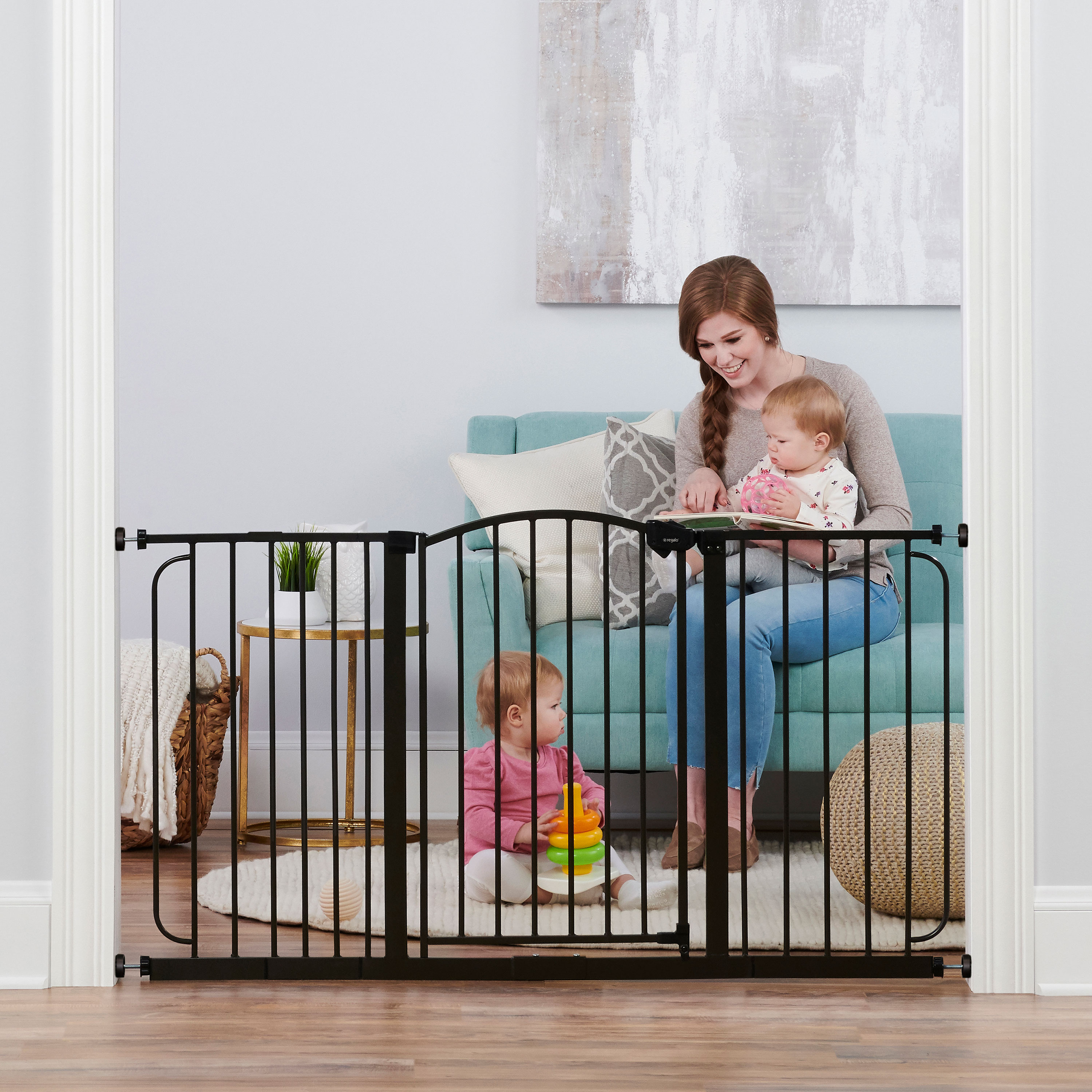 thumbnail video image 3 of Regalo Extra Wide 58” Arched Décor Baby Safety Gate with Extensions, Pressure-Mounted for Doorways & Bottom of Stairs, Dark Bronze, 3 of 10