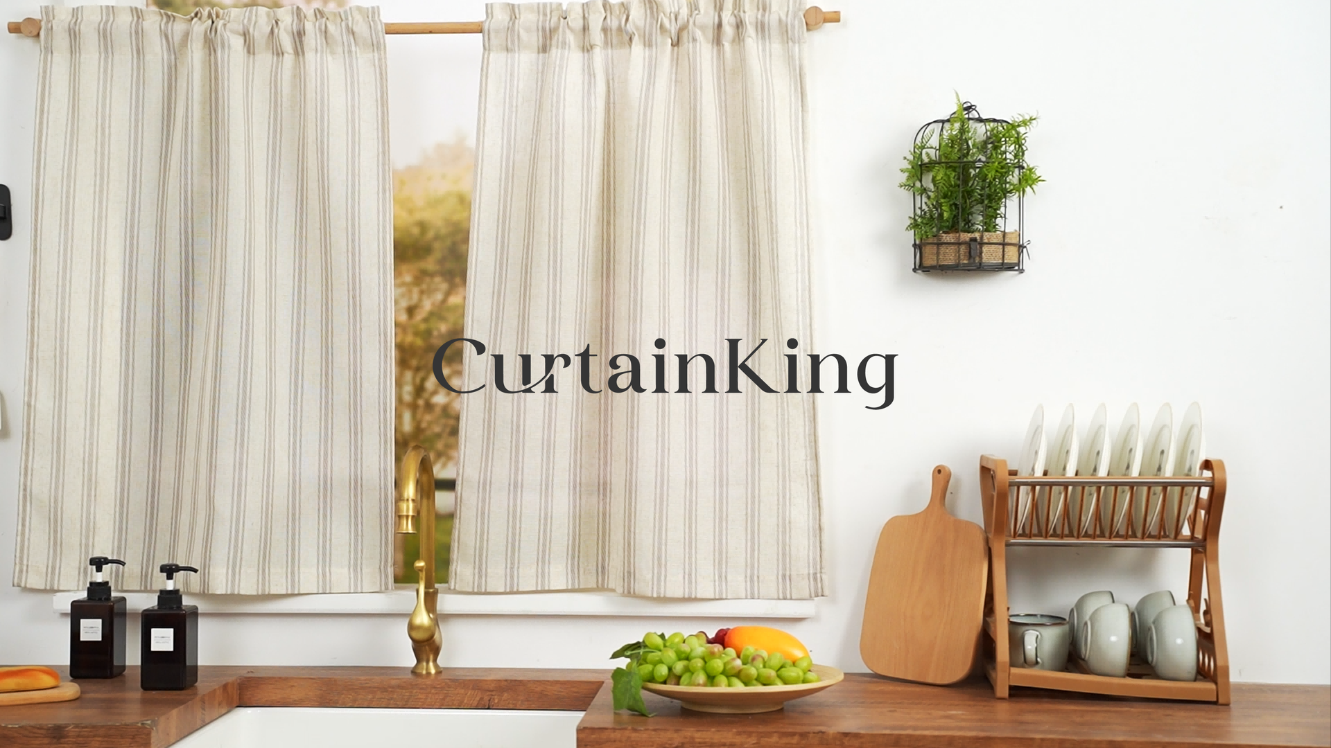 thumbnail video image 2 of Curtainking Striped Kitchen Curtains Linen Cafe Curtains Semi-Sheer Tier Curtains 26x24 inch 2 Panels Grey on Beige, 2 of 8