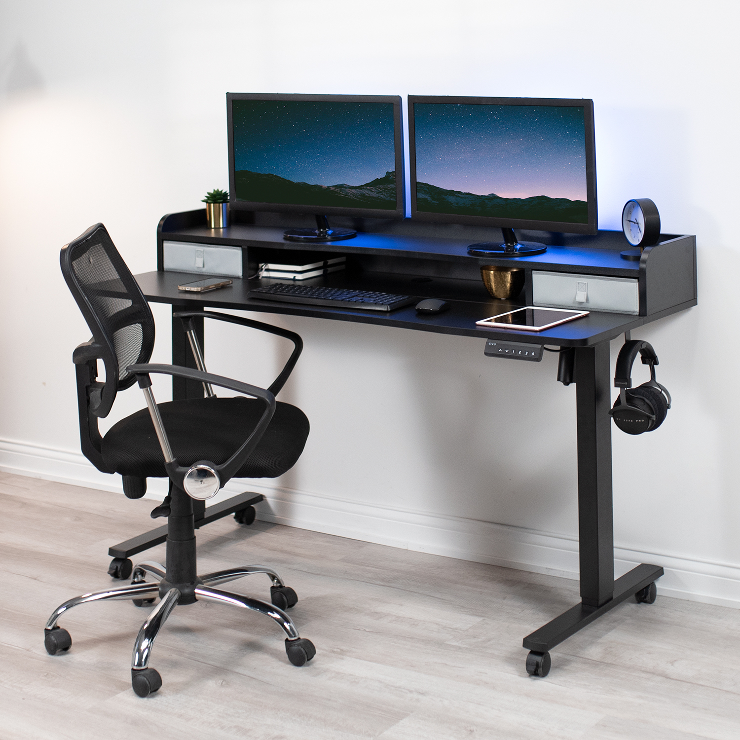 thumbnail video image 2 of VIVO Rustic Vintage Brown/Black 2 Tier Electric 48" x 24" Mobile Sit Stand Desk, 2 of 9