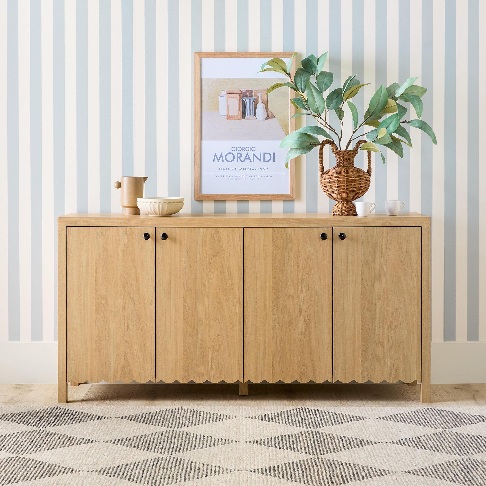 thumbnail video image 2 of Walker Edison Modern Wood Scalloped Sideboard TV Stand, Medium Brown Oak, 2 of 15