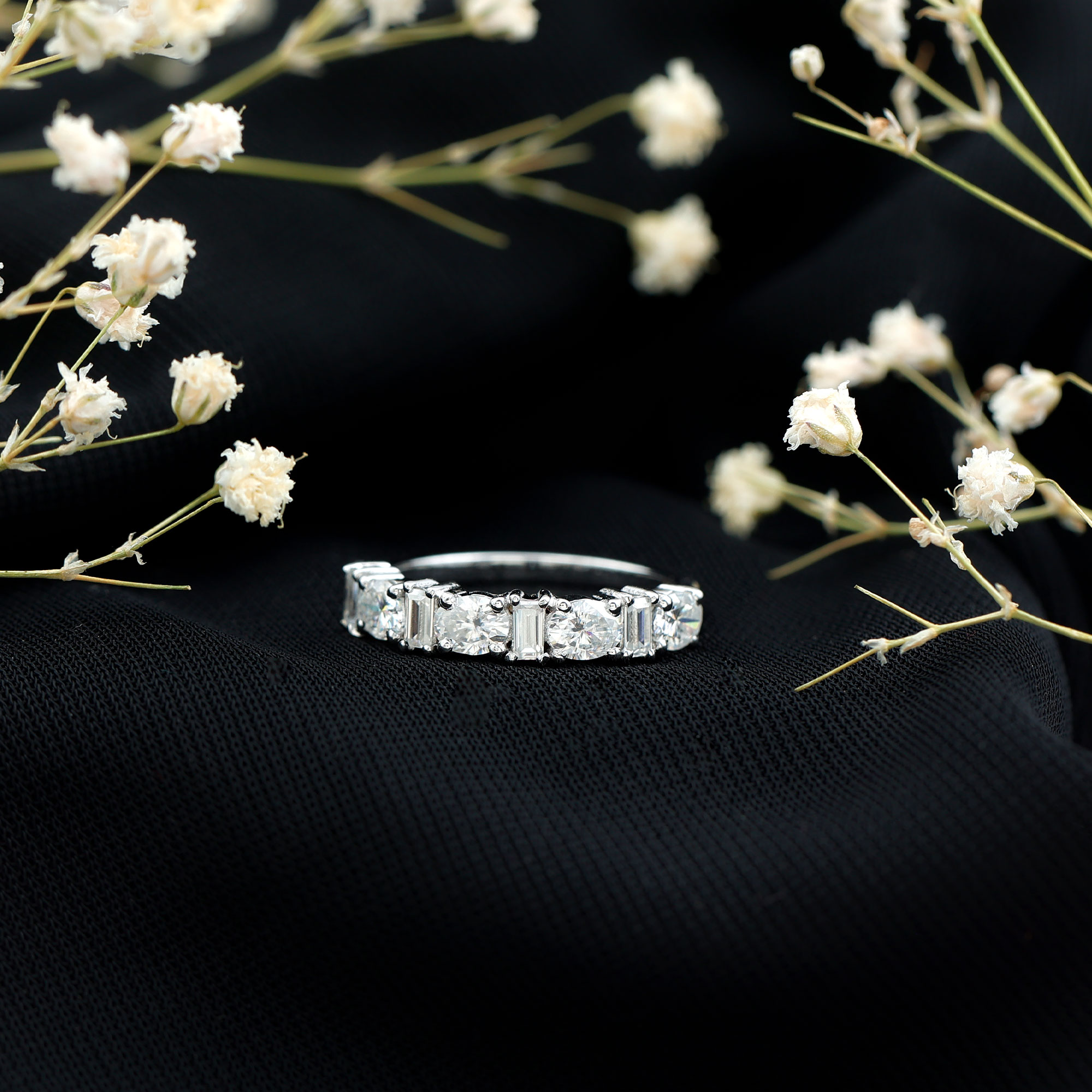 thumbnail video image 2 of Rosec Jewels Oval and Baguette Moissanite Half Eternity Ring - Wedding Anniversary Ring - D-VS1 Quality, 14K White Gold, US 8.00, 2 of 9