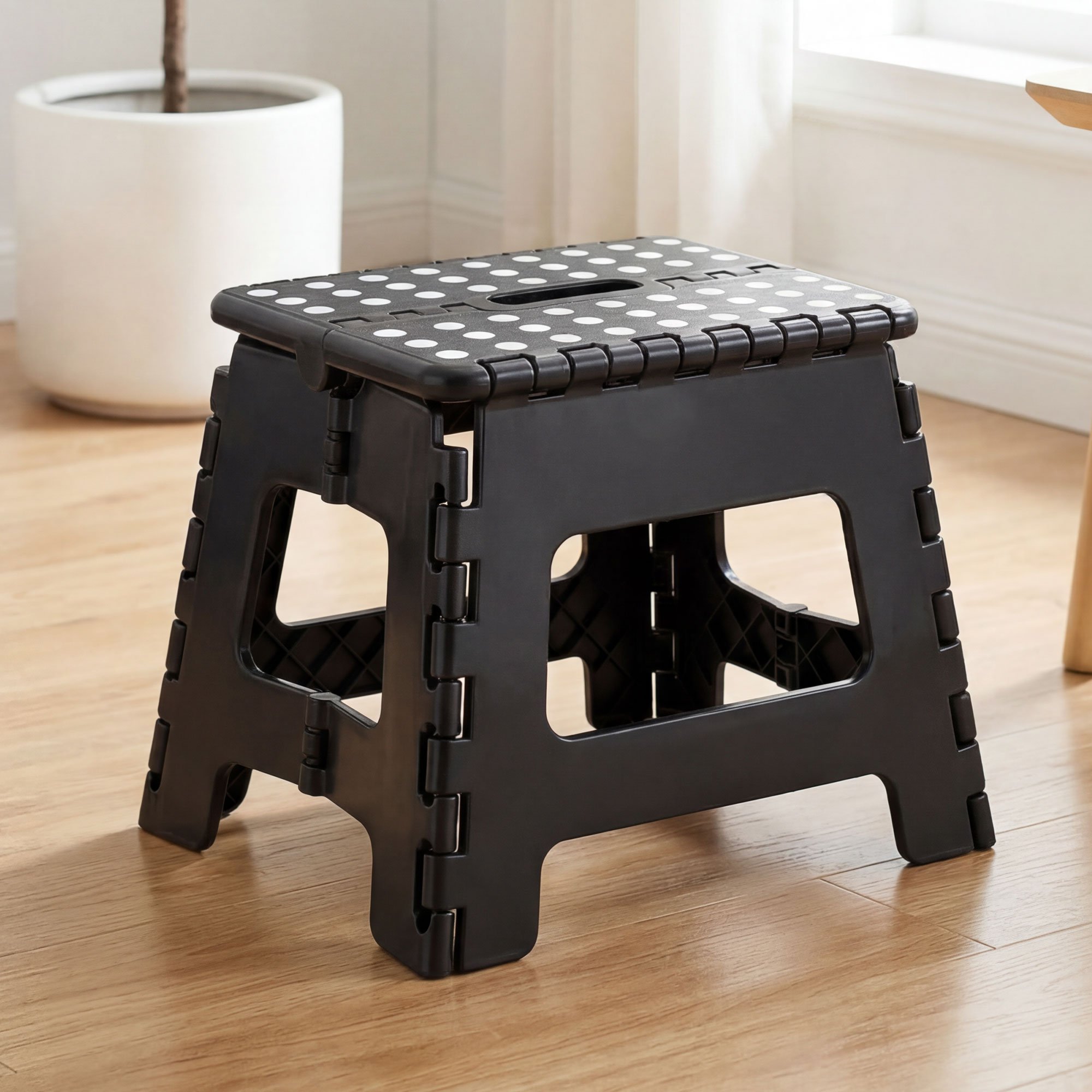 thumbnail video image 2 of JONPONY 9" Folding Step Stool for Adults  Holds Up to 300 lbs,Non-Slip Folding Stools with Portable Handle, Compact Plastic Foldable Step Stool for Bathroom,Bedroom, Kitchen，Black, 2 of 7