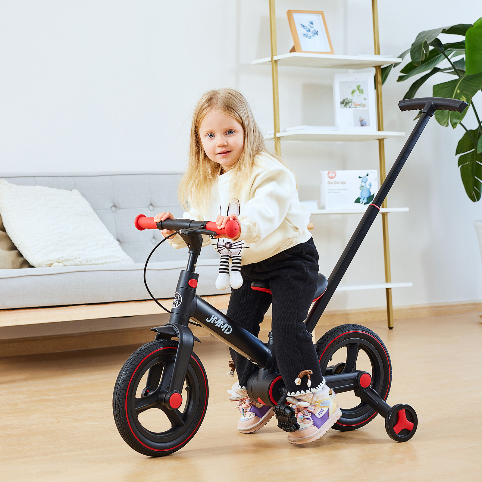 thumbnail video image 2 of JMMD Toddler Bike with Push Handle for Kids, 6-in-1 Foldable Toddler Tricycle with Training Wheels, Pedals, Kid Balance Bike for 18-60 Months, Pink, 2 of 10