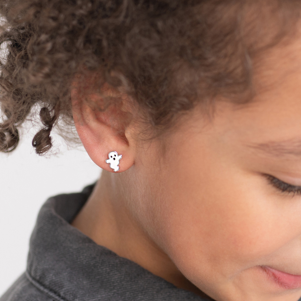thumbnail video image 2 of Ghostly Enamel Kids / Children's / Girls Earrings Screw Back - Sterling Silver, 2 of 6