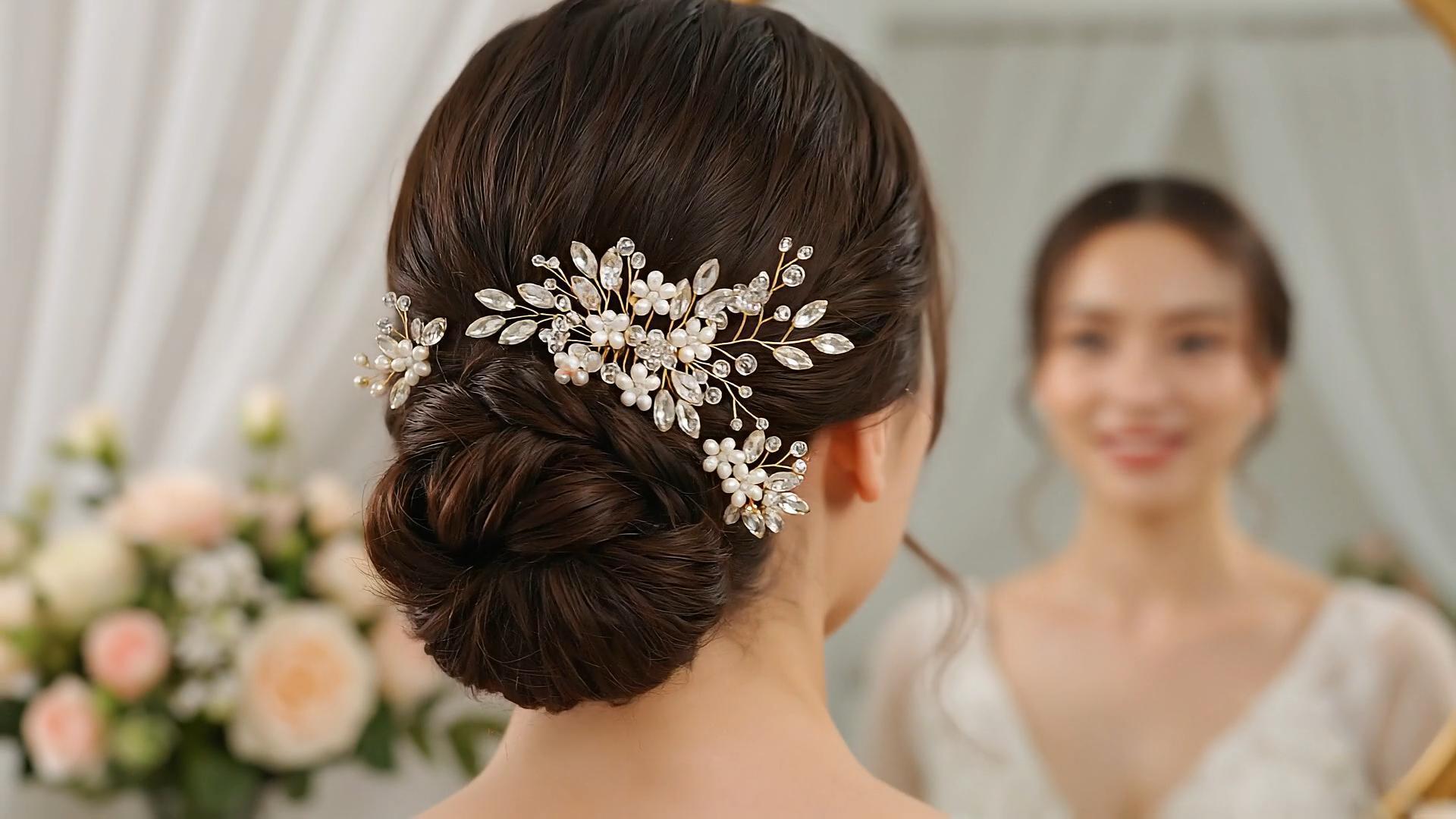 thumbnail video image 2 of MIALLO 3Pcs Elegant Pearl Crystal Floral Hair Comb & Pin Set, Delicate Gold Bridal Hair Accessories for Wedding Prom Party Daily Wear, 2 of 7