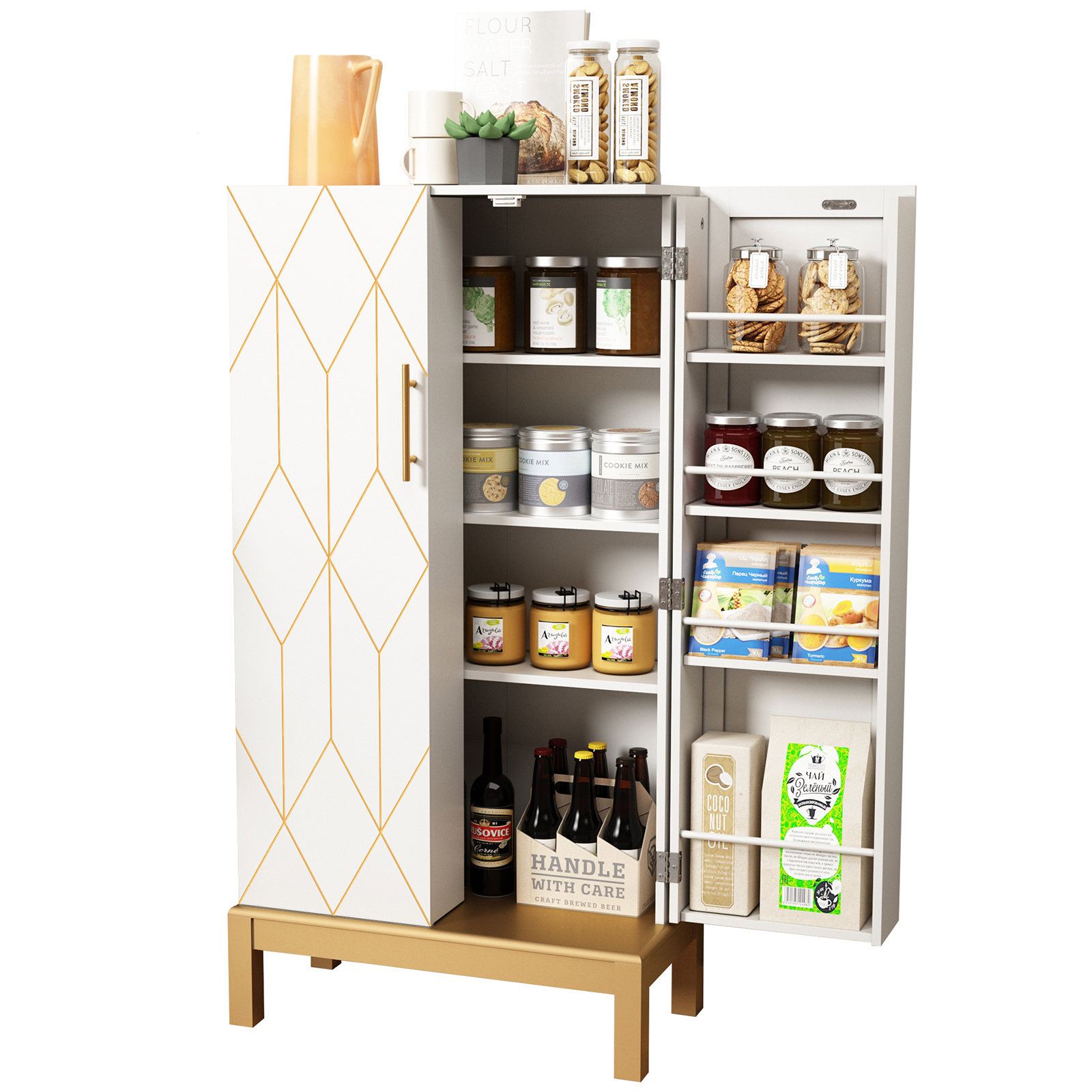 thumbnail video image 2 of HLR 45" Kitchen Pantry Cabinet with Doors and Adjustable Shelves, Food Storage for Dining Room, Ivory White, 2 of 10