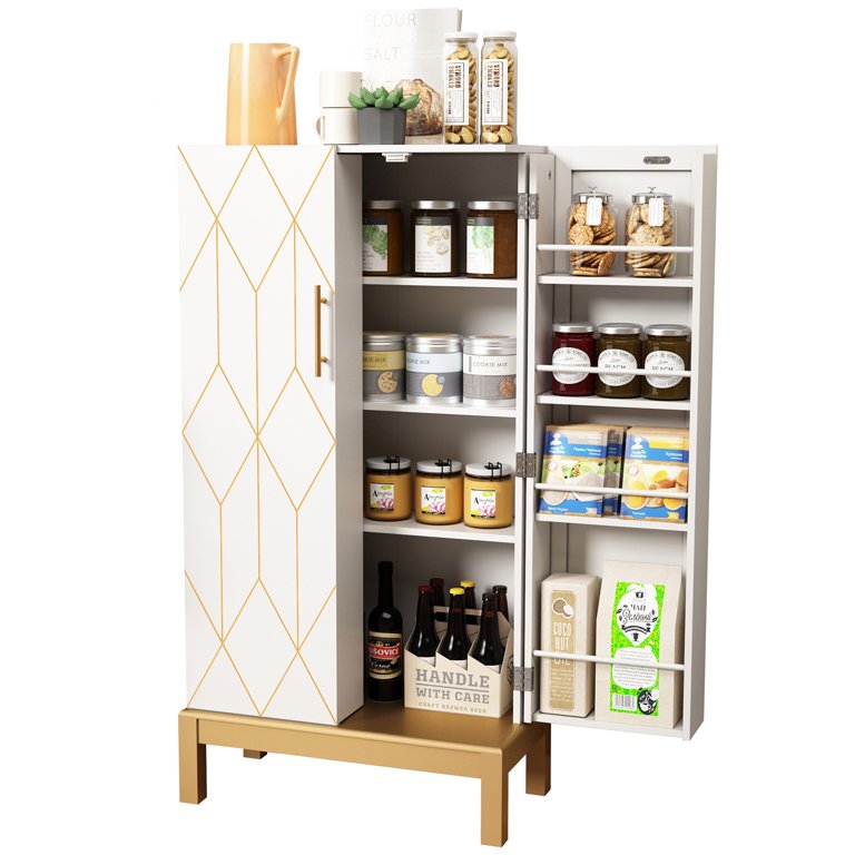 ARTPOWER 45'' Kitchen Pantry Cabinet, 4 - Layer Storage Cupboard With Adjustable Shelves For Storage Cabinet Pantry, Food Pantry Cabinet For Kitchen, Dining Room And Living Room,Gold Legs, Black