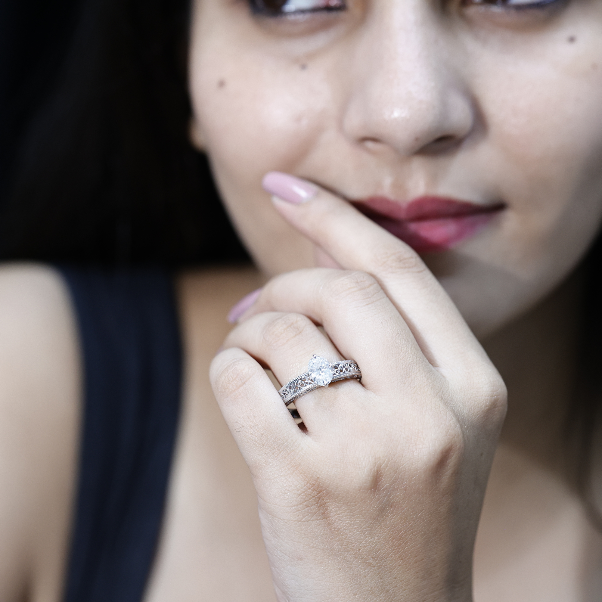 thumbnail video image 2 of Rosec Jewels Vintage Inspired Lab Diamond 6x8 mm Oval Engagement Ring - Ready To Gift for Women, 18K White Gold, US 7.50, 2 of 9