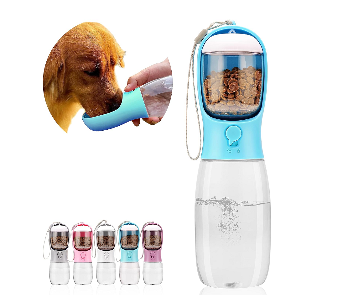 thumbnail video image 2 of IIVLBUUJ Portable 3-in-1 Dog Water Bottle with Food Container & Poop Bag Holder, 20oz (Darkblue), 2 of 8