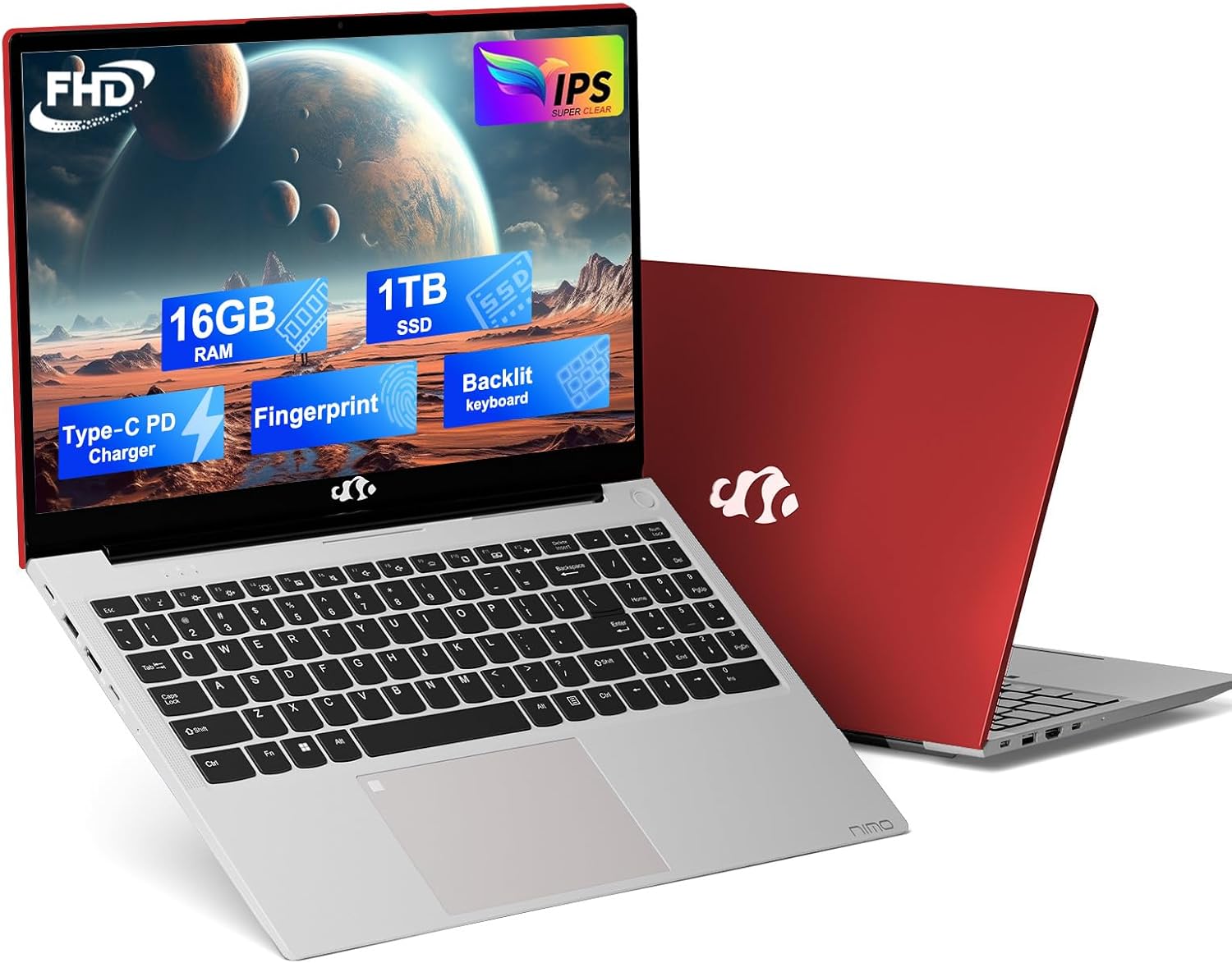 Nimo, Laptop, 15.6-Inch FHD Display, 8GB RAM, 256GB SSD, Red