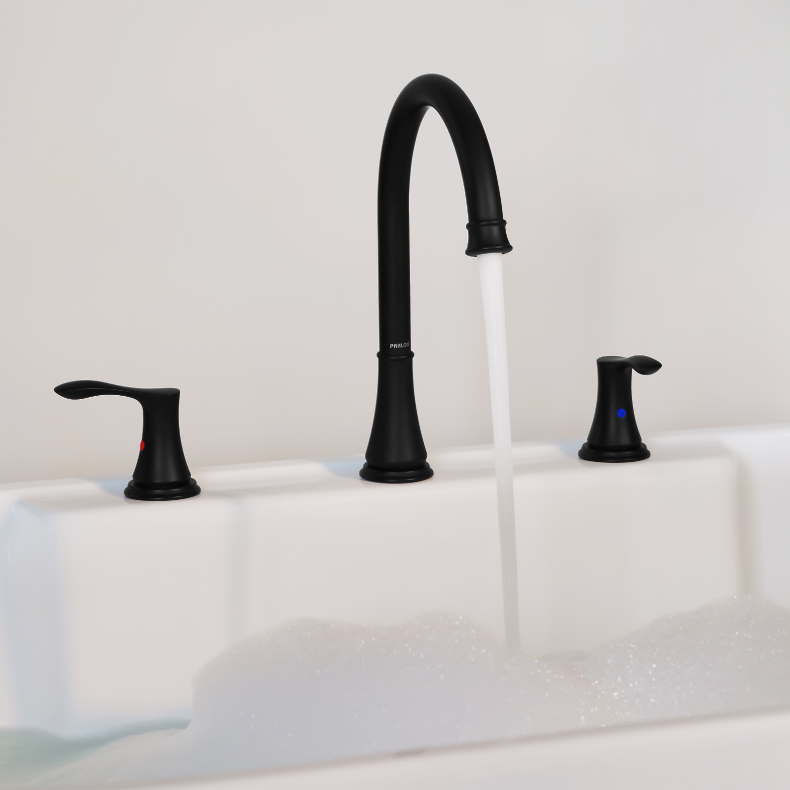 thumbnail video image 2 of PARLOS High Arc 2-Handle Widespread Roman Tub Faucet with Valve & Faucet Supply Lines, Matte Black, 2 of 10