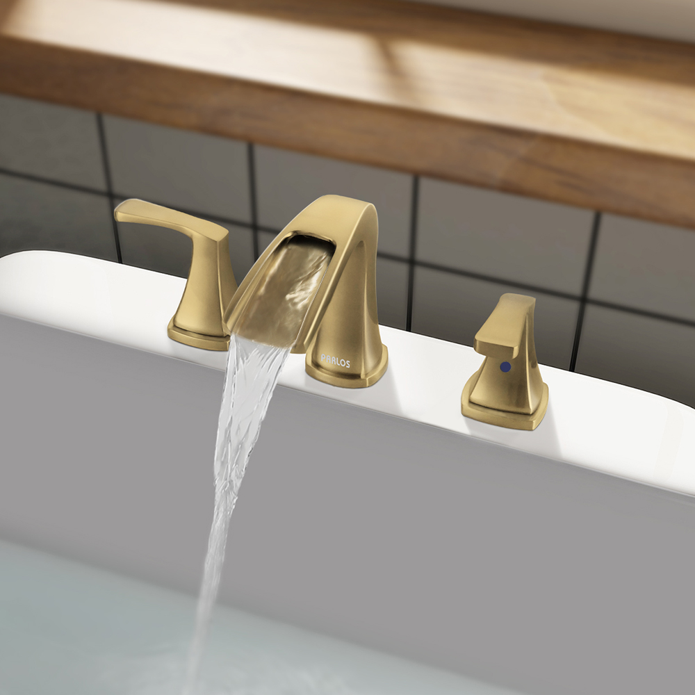 thumbnail video image 2 of Parlos 2-Handle Widespread Waterfall Roman Bathtub with Hot & Cold Supply Lines, Brushed Gold, 2 of 10